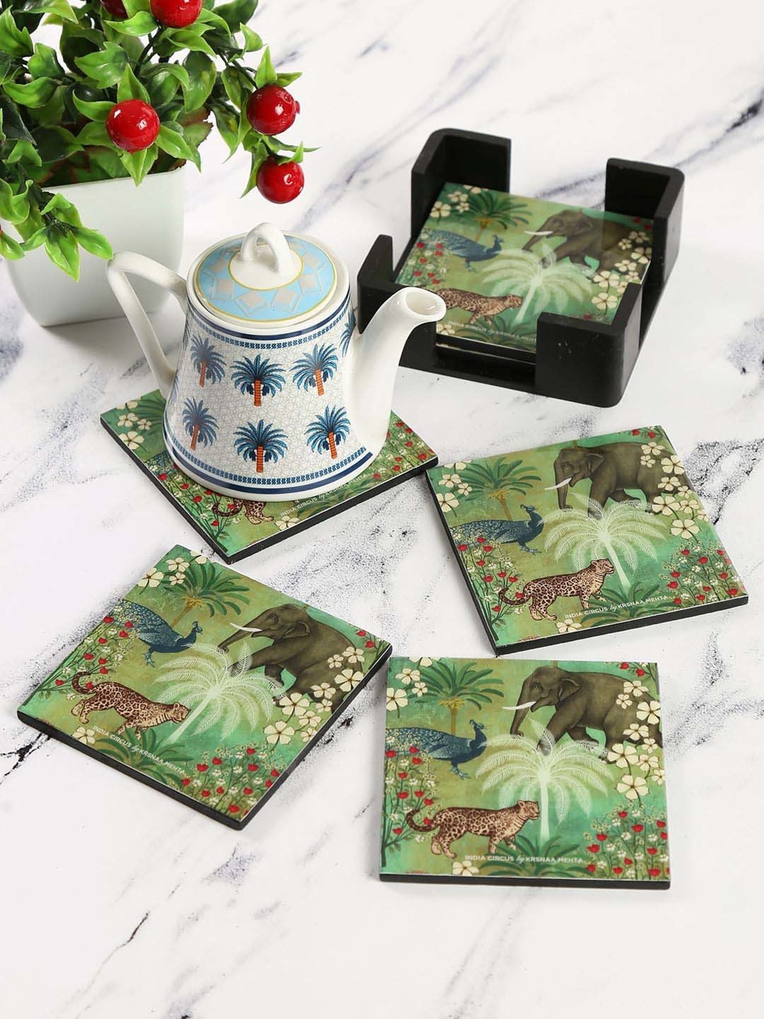 India Circus by Krsnaa Mehta Green Mdf Wildlife Safari Table Coaster - Set of 6