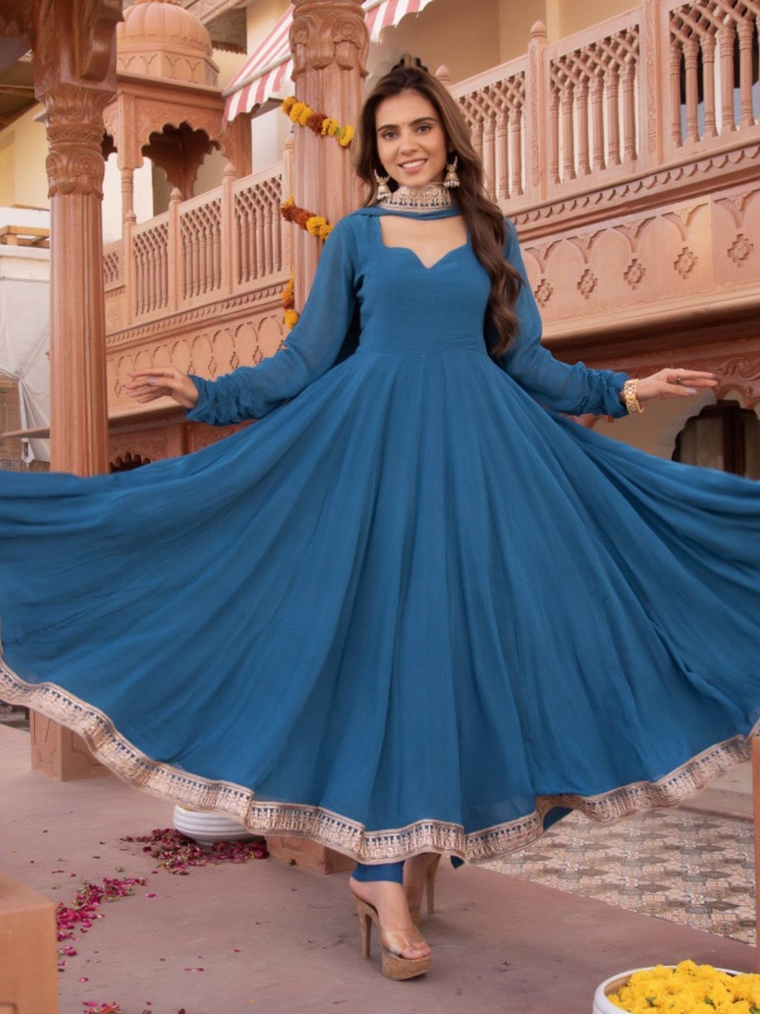 Calmna Serene Ocean Blue Gotapatti Georgette Anarkali Suit Set