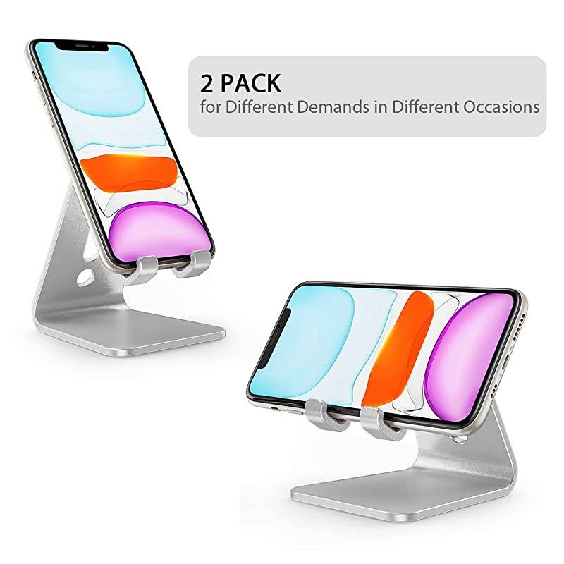 2 Pack  Cell Phone Stand Upgraded Aluminum Cell Phone Holder Phone Cradle with Protective Pads for Phone 12 Pro Max 11 XR XS 8 Plus SE iPad Mini and Android Phones Silver + Sliver