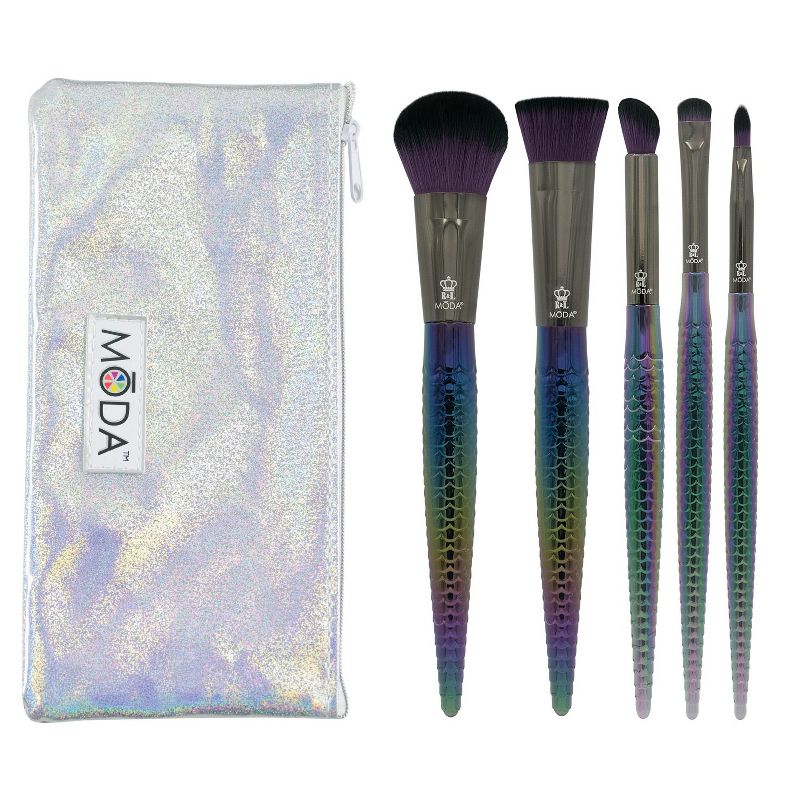 MODA Brush Mythical 6pc Dark Dragon Makeup Brush Set with Holographic Flip Case, Includes - Powder, Contour, Angle Shader, and Precision Lip Brushes
