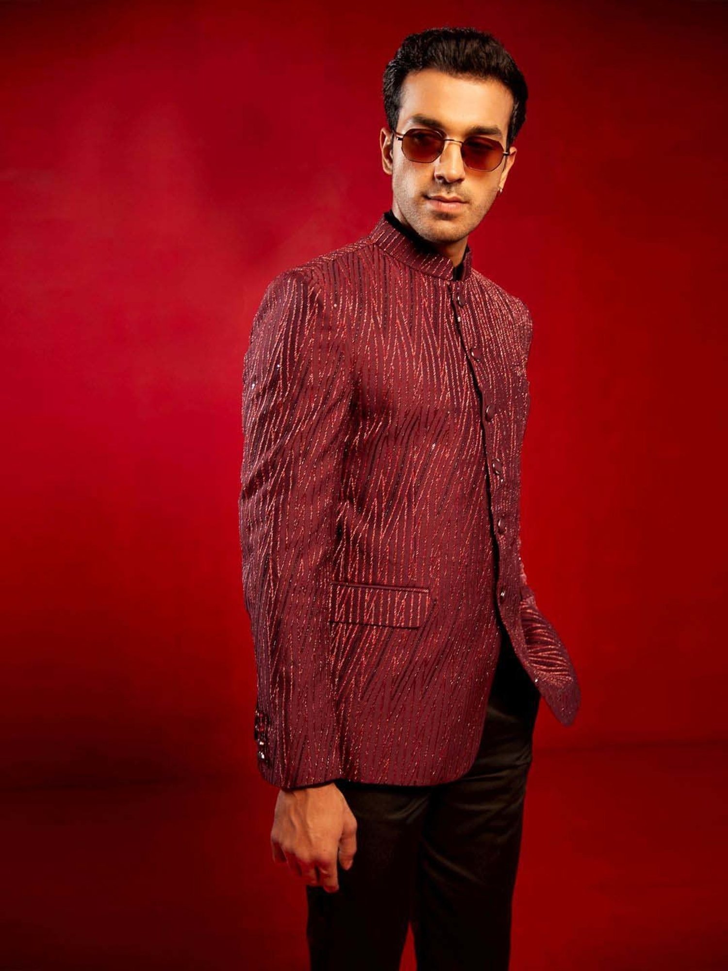 Vastramay Maroon Regular Fit Printed Ethnic Blazer