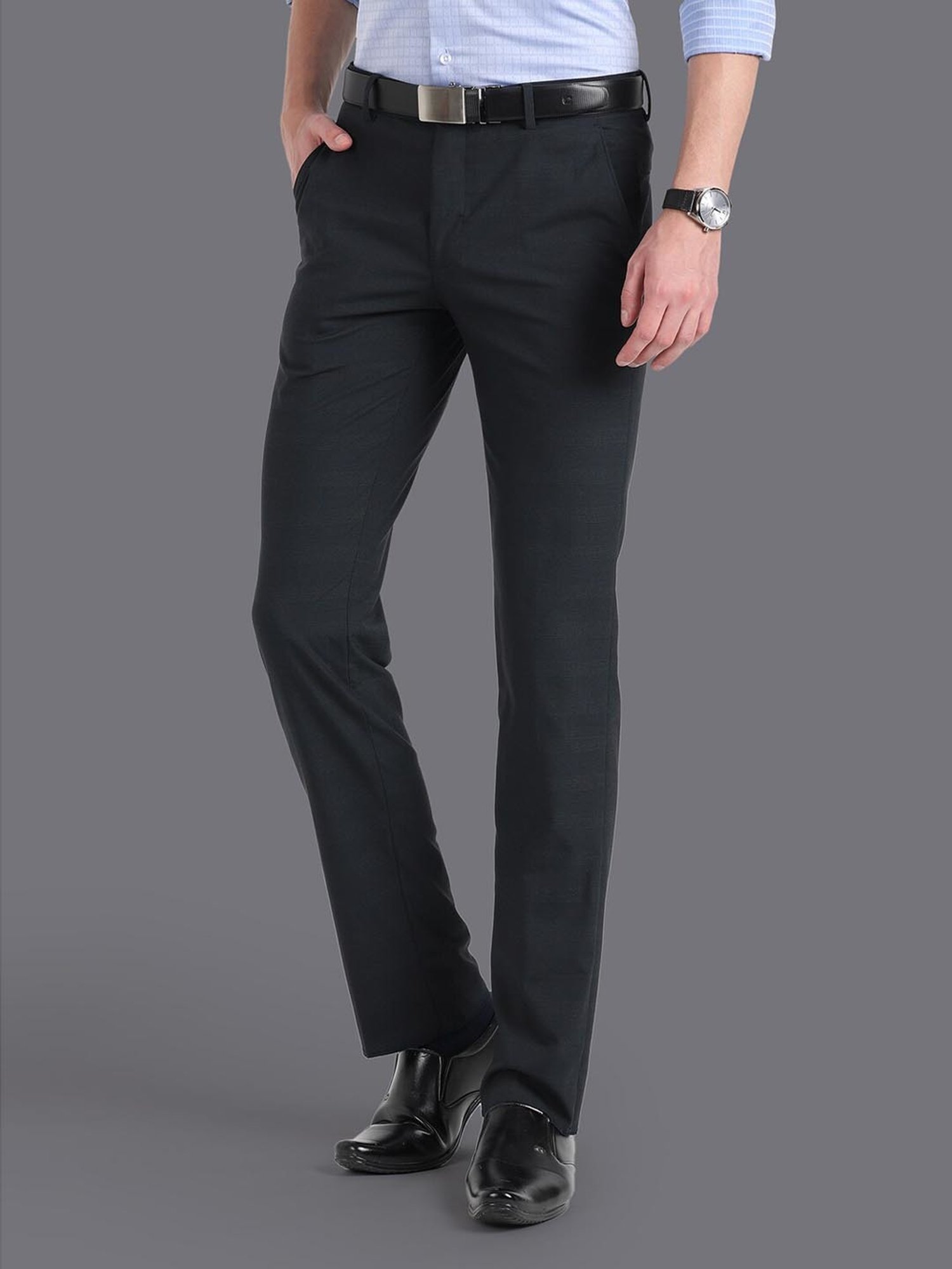 Louis Philippe Dark Grey Slim Fit Self Pattern Trousers