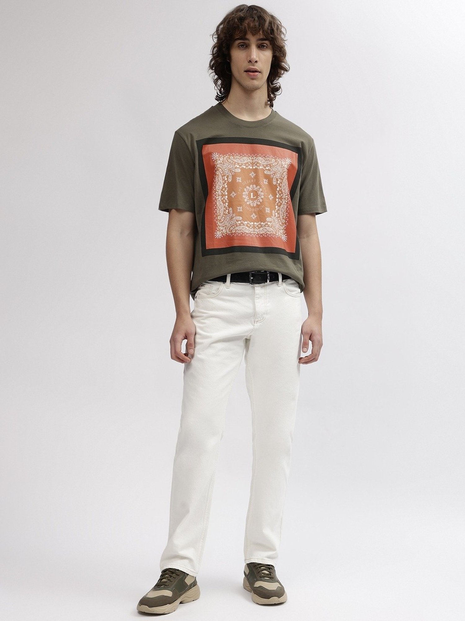 Lindbergh Green Cotton Oversize Fit Printed T-Shirt