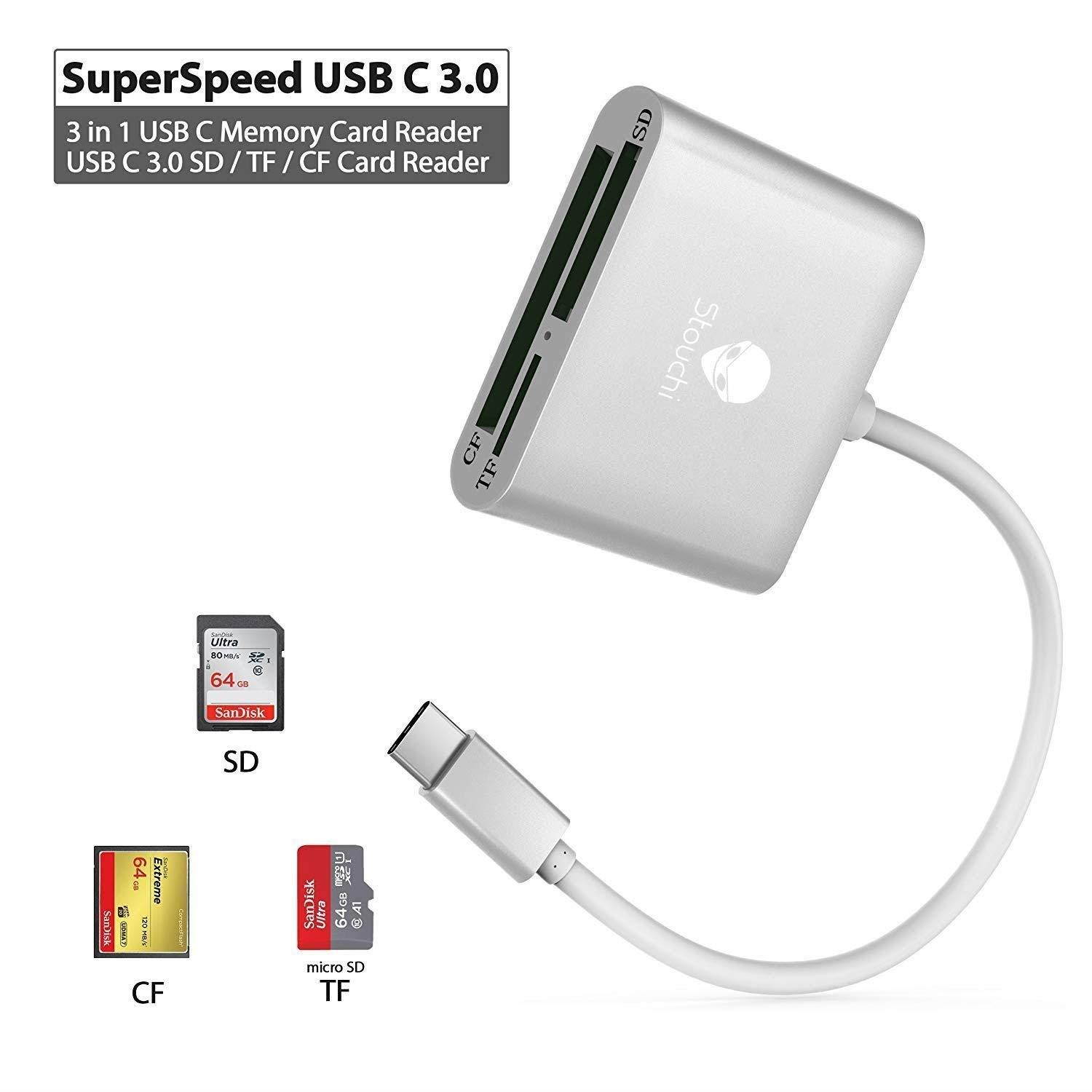 USB C Card Reader,Stouchi USB C to Compact Flash CF Card Reader 3 in 1 USB 3.1Type C 5 Gbps Data Transfer Rate to SD / TF Micro SD / CF Card Reader for MacBook Pro, ChromeBook Pixel and More