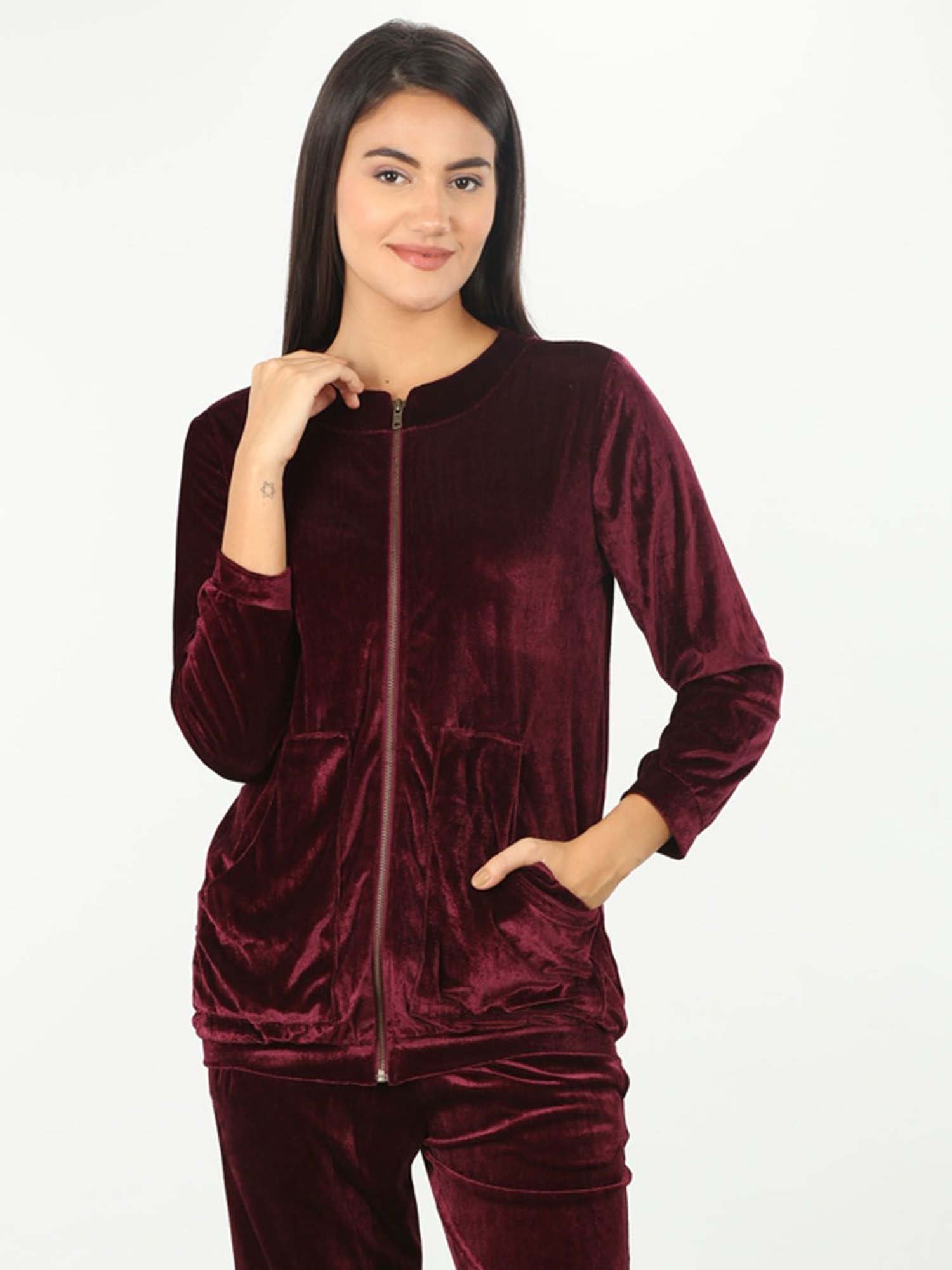 Mustard Wine Velvet Regular Fit Sweatshirt