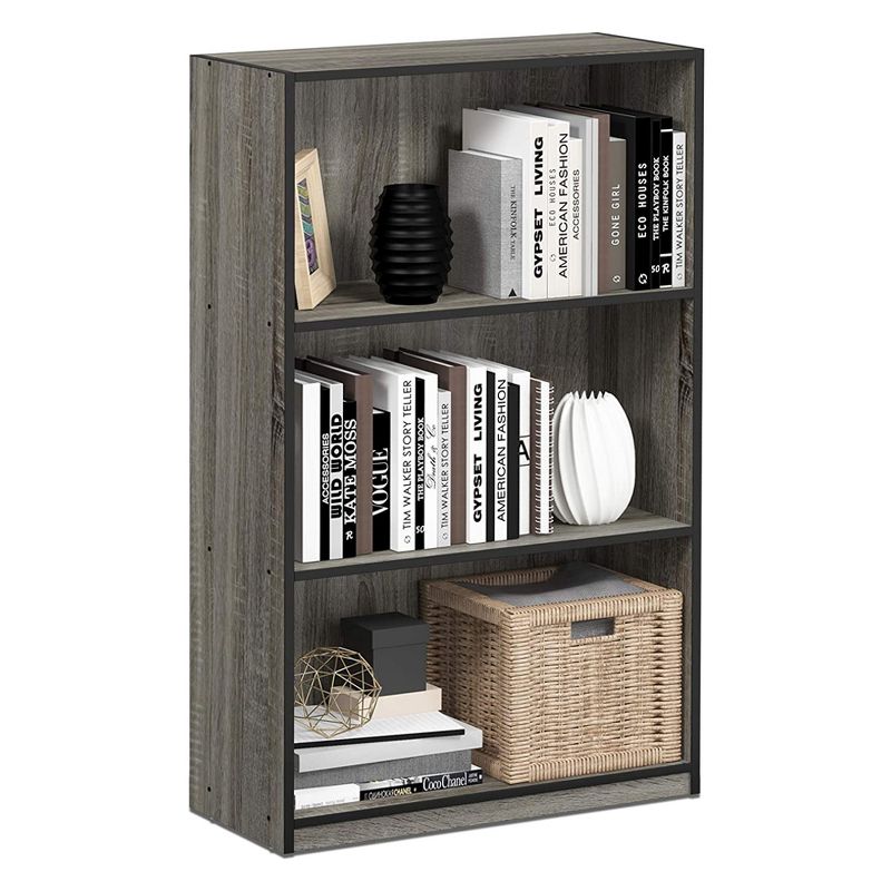 Furinno Basic Simple Sleek Wooden 3 Tier Open Bookcase Display Storage Shelf for Home Rooms and Office Organization, Oak Gray/Black