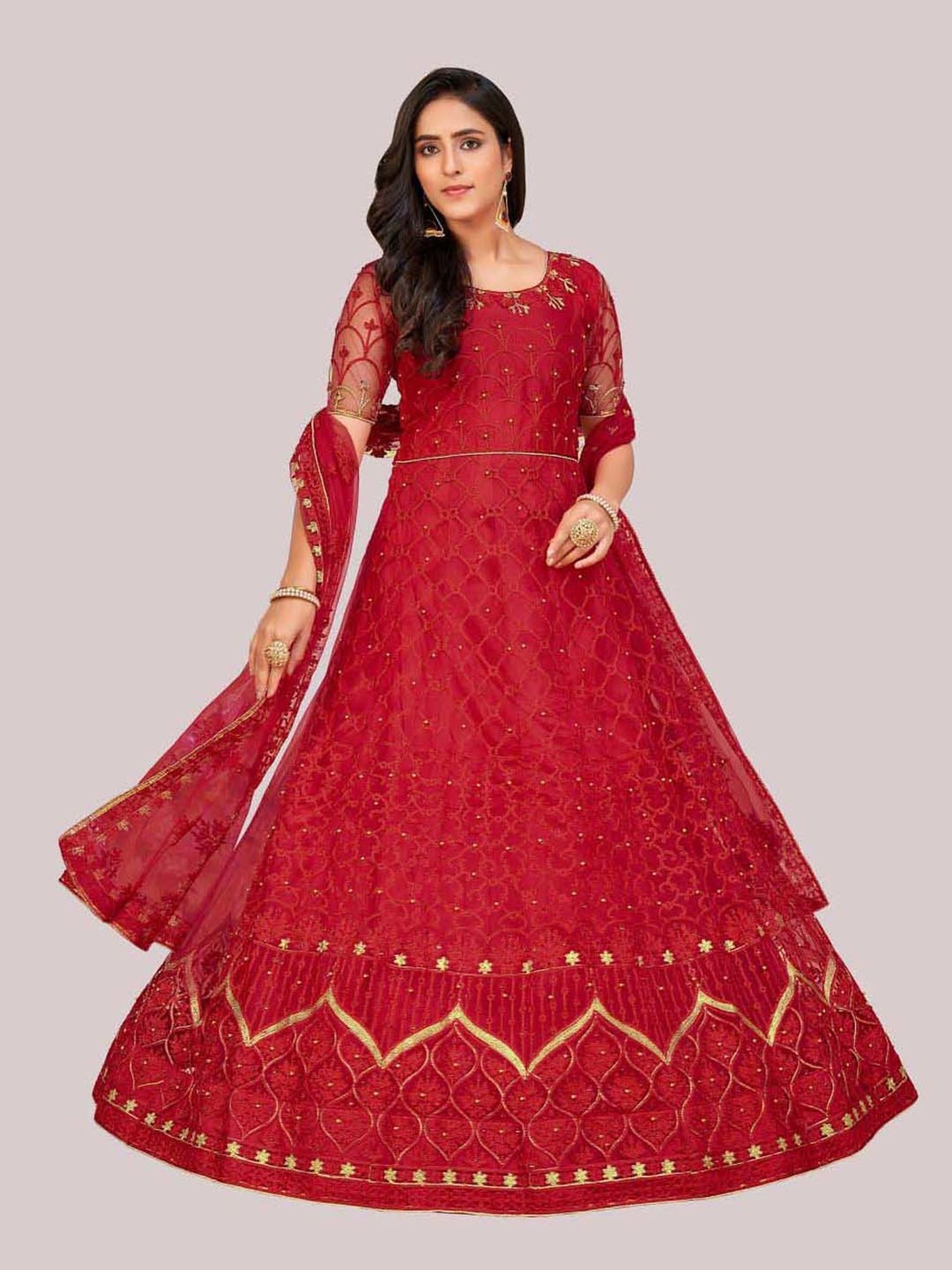 Warthy Ent Red Embroidered Semi Stitched Dress Material