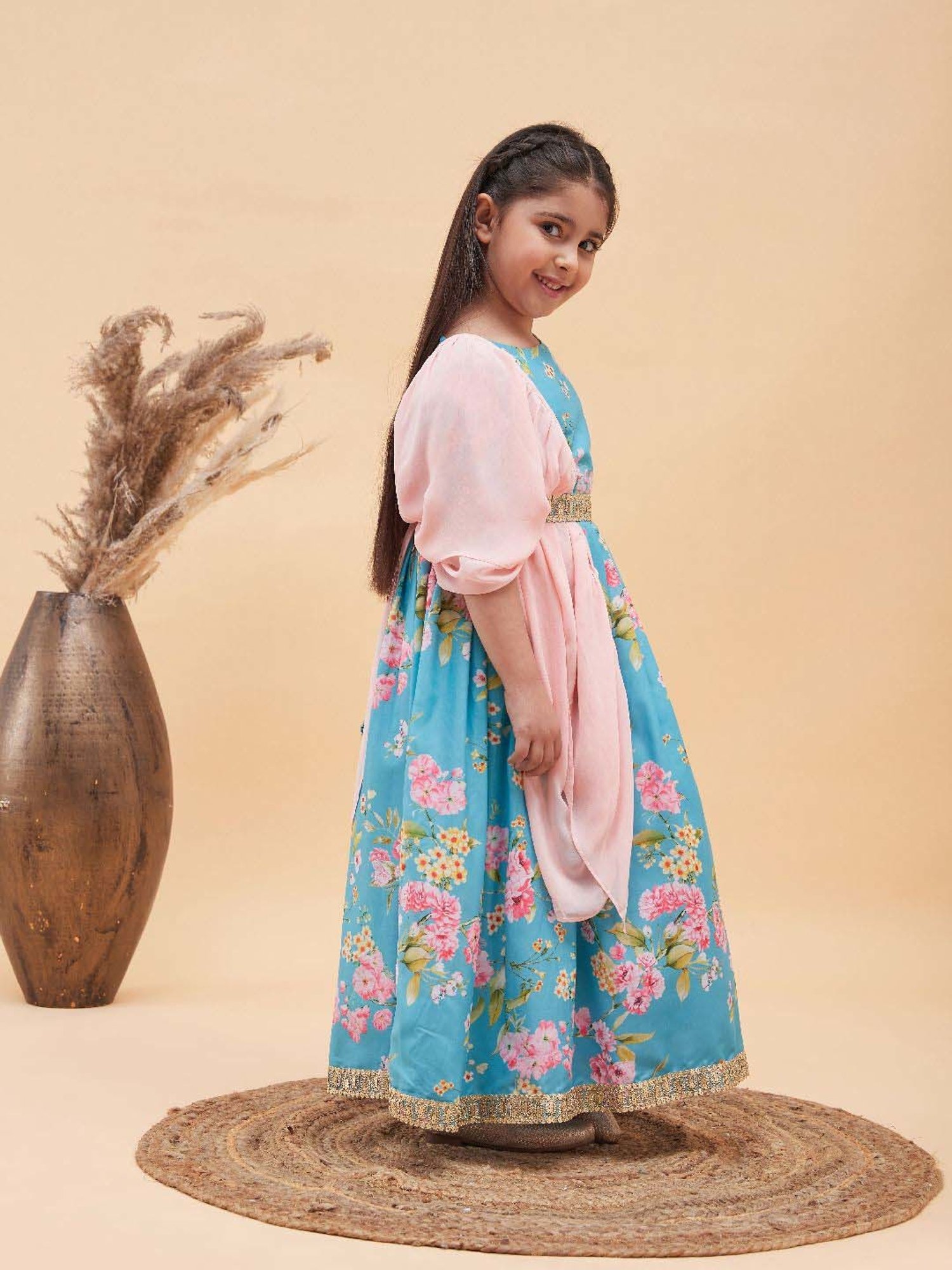 A Little Fable Kids Blue Printed Lehenga with Choli & Dupatta