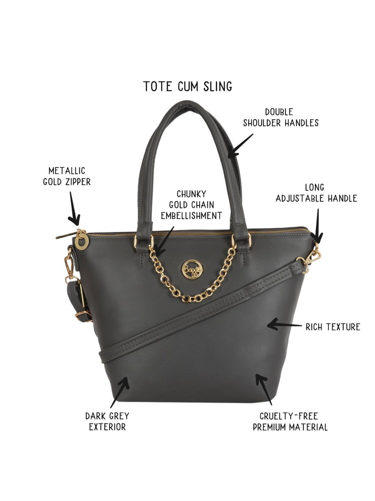 Baggit Btis Ressa Grey PU Textured Handbag