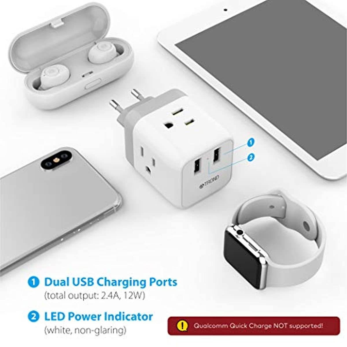 European Plug Adapter, TROND International Travel Power Adaptor for Europe Outlets, 2 USB & 3 American Sockets - US to EU Italy Germany France Iceland Spain Greece (Type C Plug)