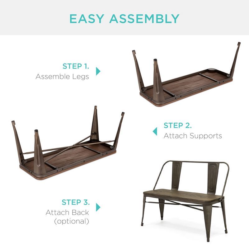 Best Choice Products 42in Industrial Metal Rustic Farmhouse Dining Bench w/ Wooden Seat, Removable Backrest - Espresso