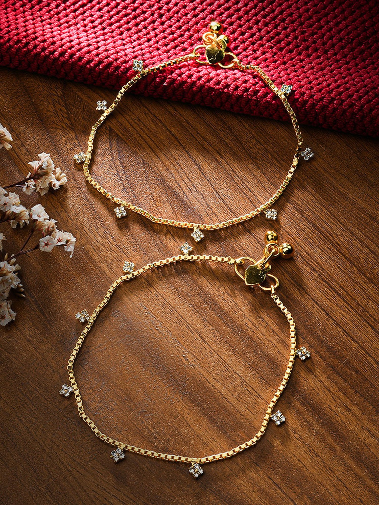 Fida Stones Studded Gold-Plated Anklets for Women - Set of 2