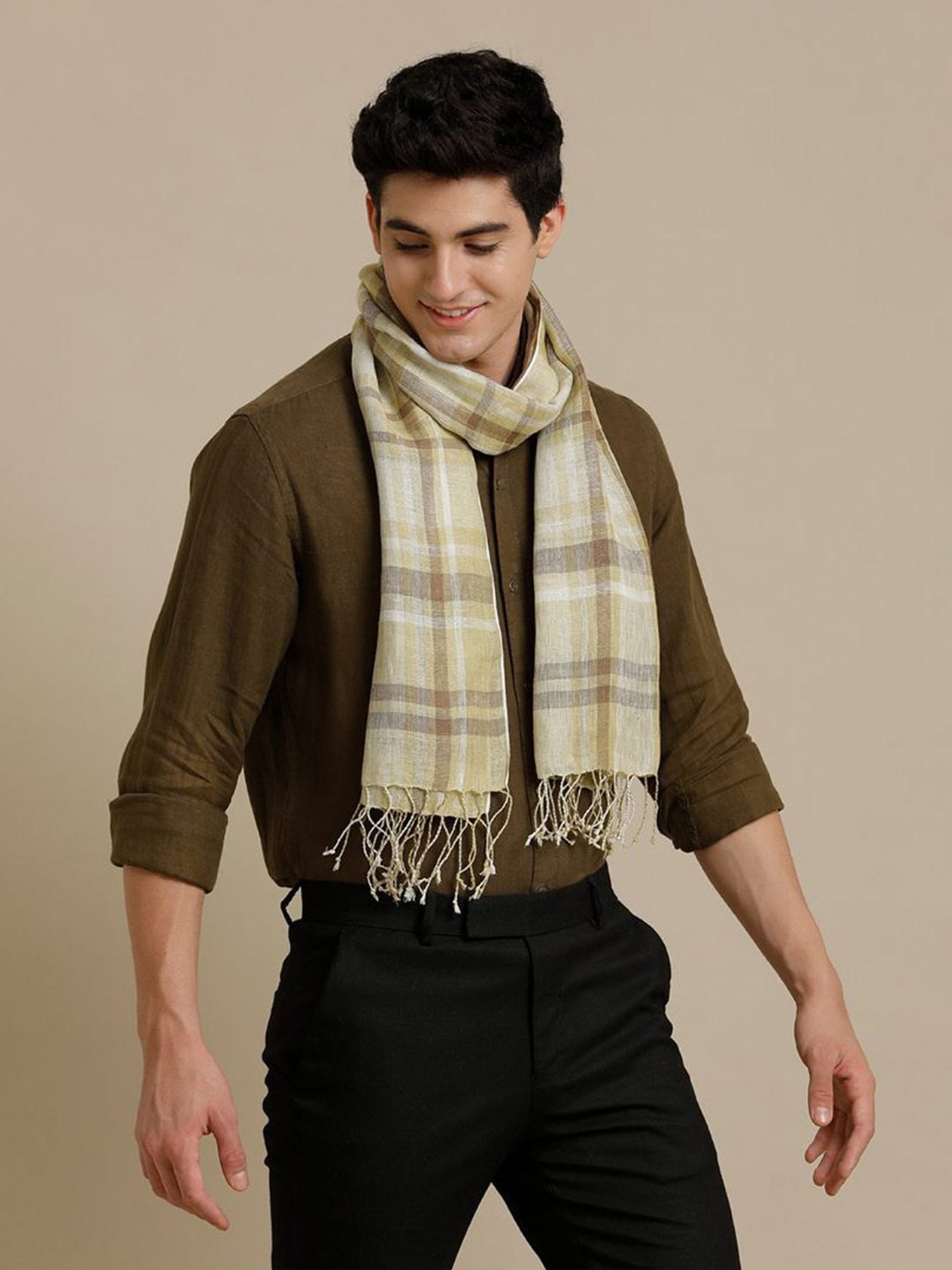 Linen Club Brown Checks Pure Linen Stole