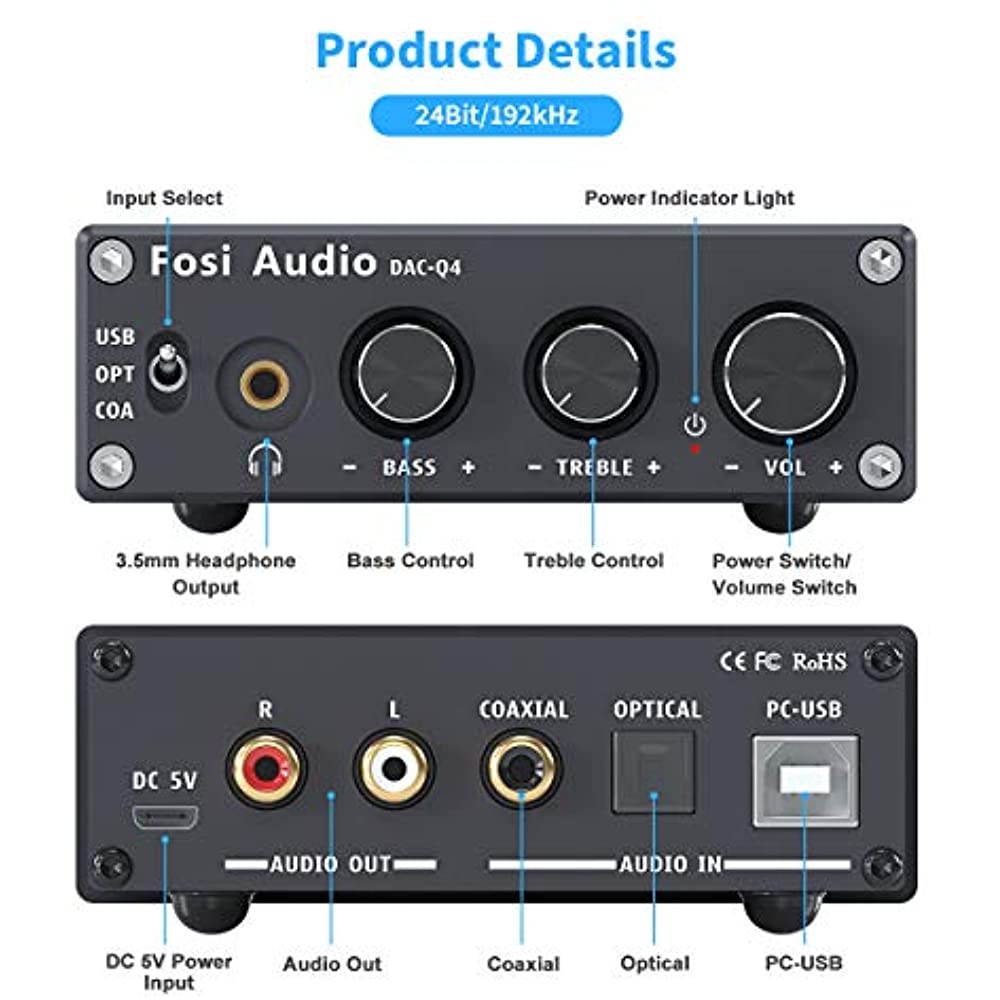 Fosi Audio Q4 - Mini Stereo Gaming DAC & Headphone Amplifier Audio Converter Adapter for Home/Desktop Powered/Active Speakers