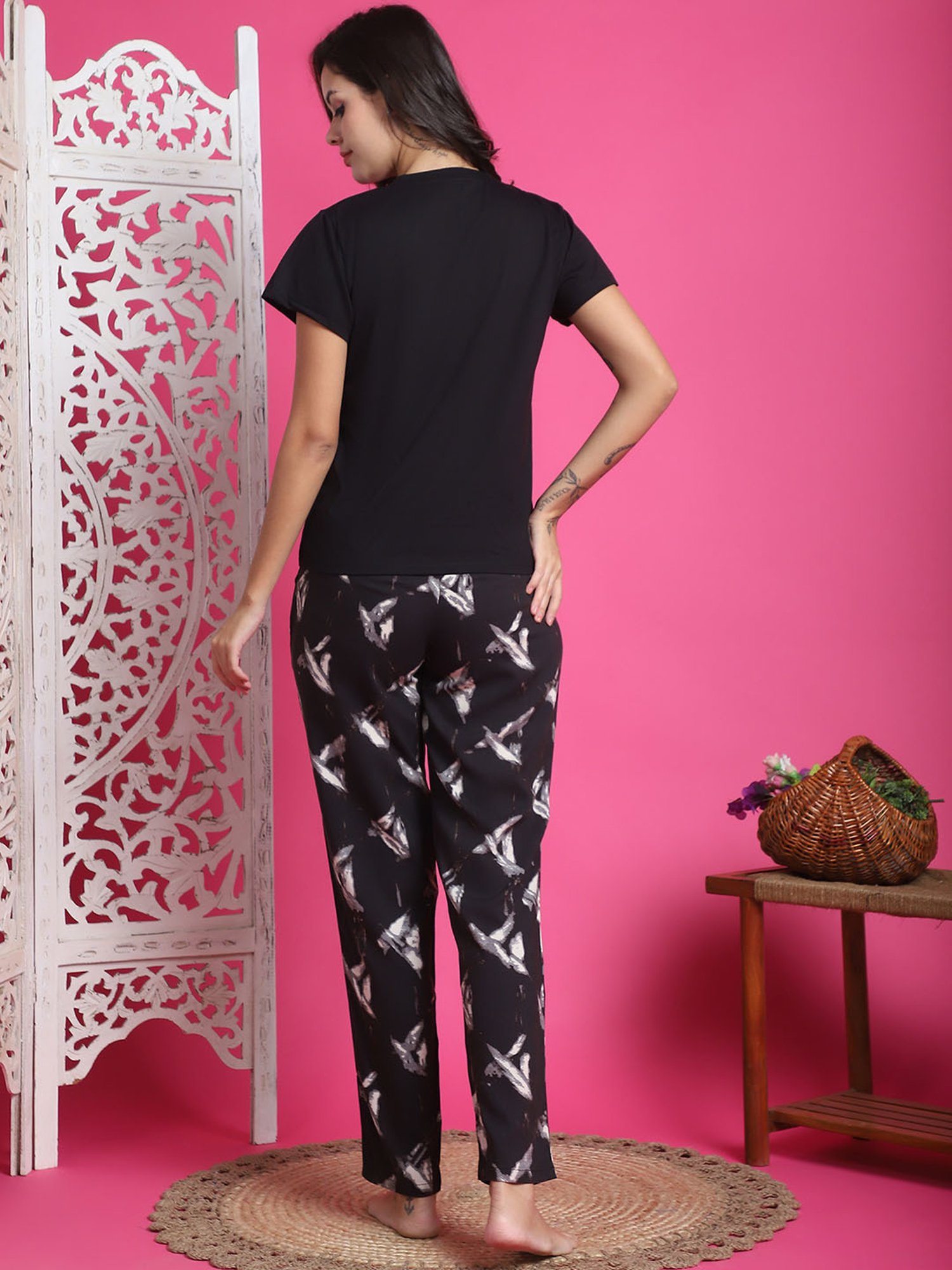 Boston Club Black Printed Top With Pyjamas