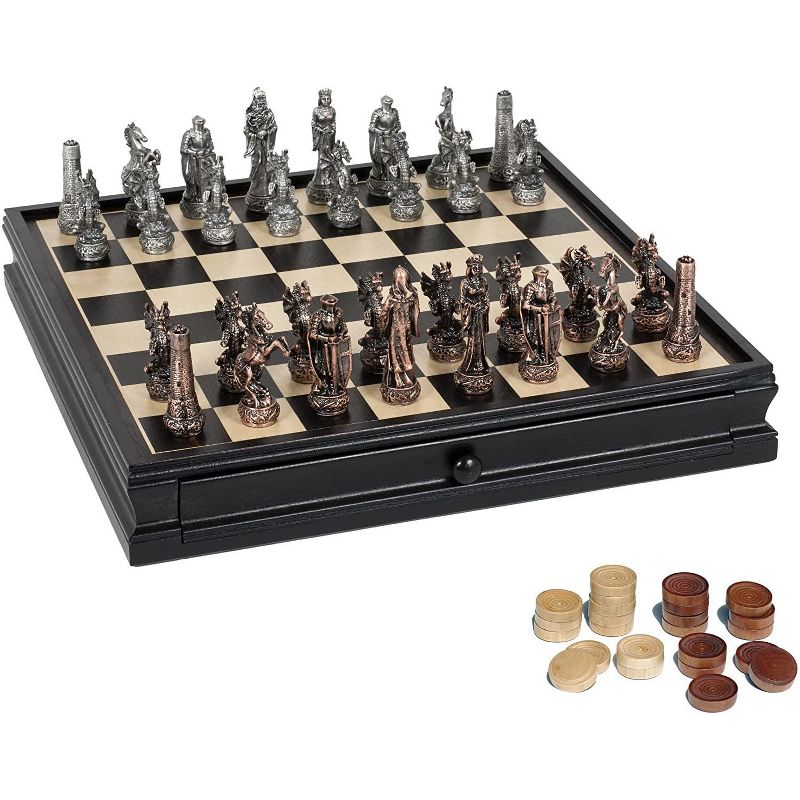WE Games Fantasy Chess & Checkers Game Set - Pewter Chessmen & Black Stained Wood Board with Storage Drawers 15 in.