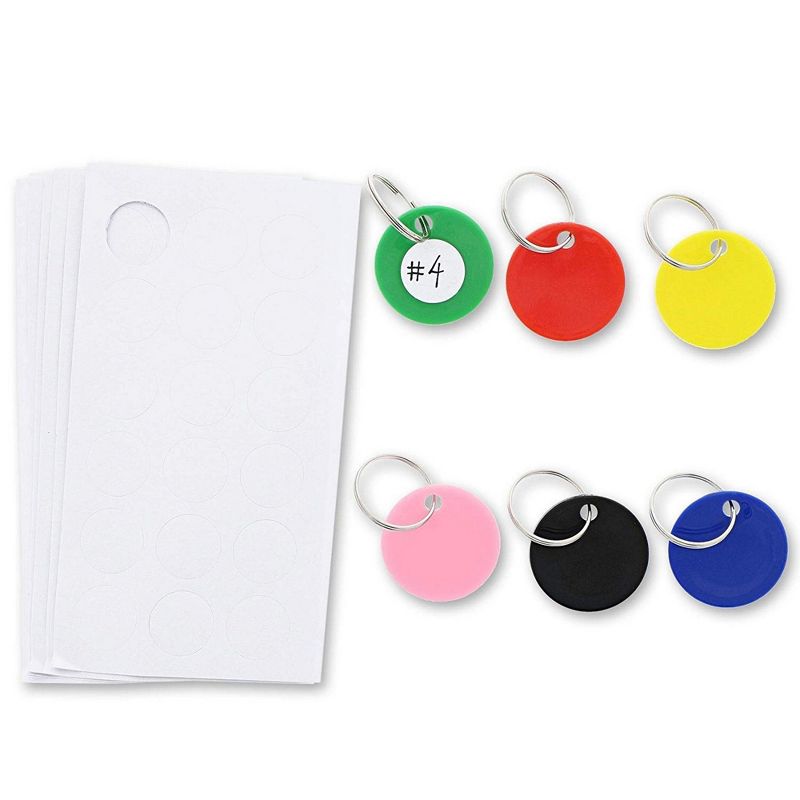 Juvale 96 Pack Round Key Tags with Split Rings and White Sticker Labels, 6 Colors (1.1 in)