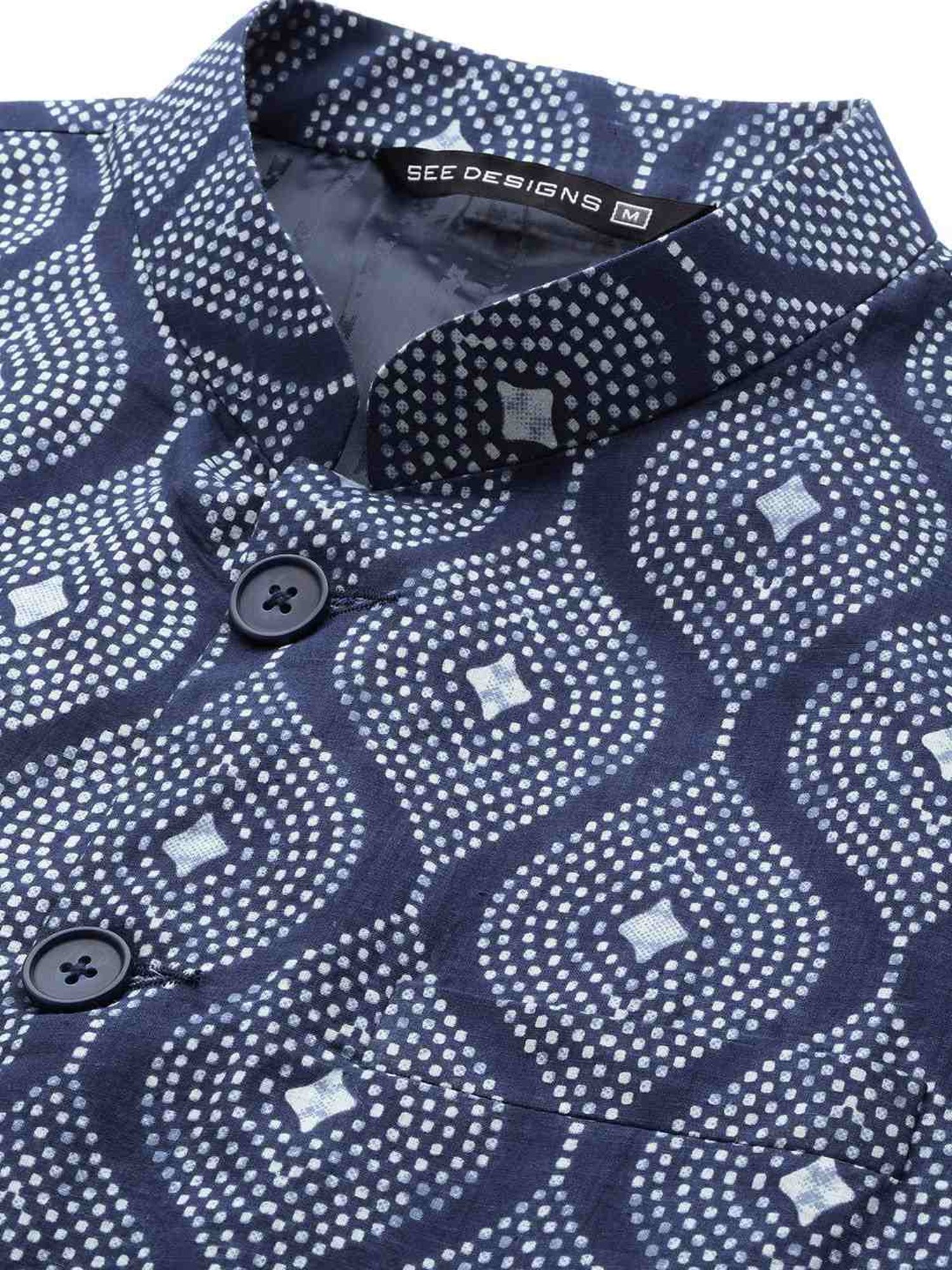 See Designs Blue Cotton Regular Fit Printed Nehru Jacket