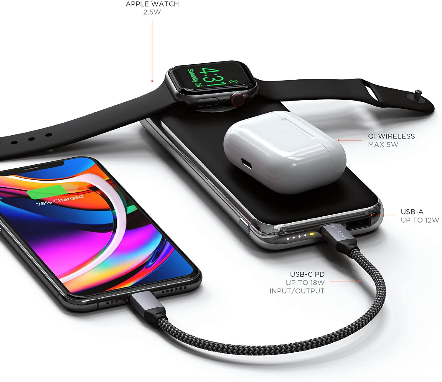 Satechi Quatro Wireless Power Bank &ndash; 10,000 mAh Portable Charger &ndash; Compatible with iPhone 11 Pro Max/11 Pro/11, Apple Watch Series 5/4/3/2/1, AirPods Pro