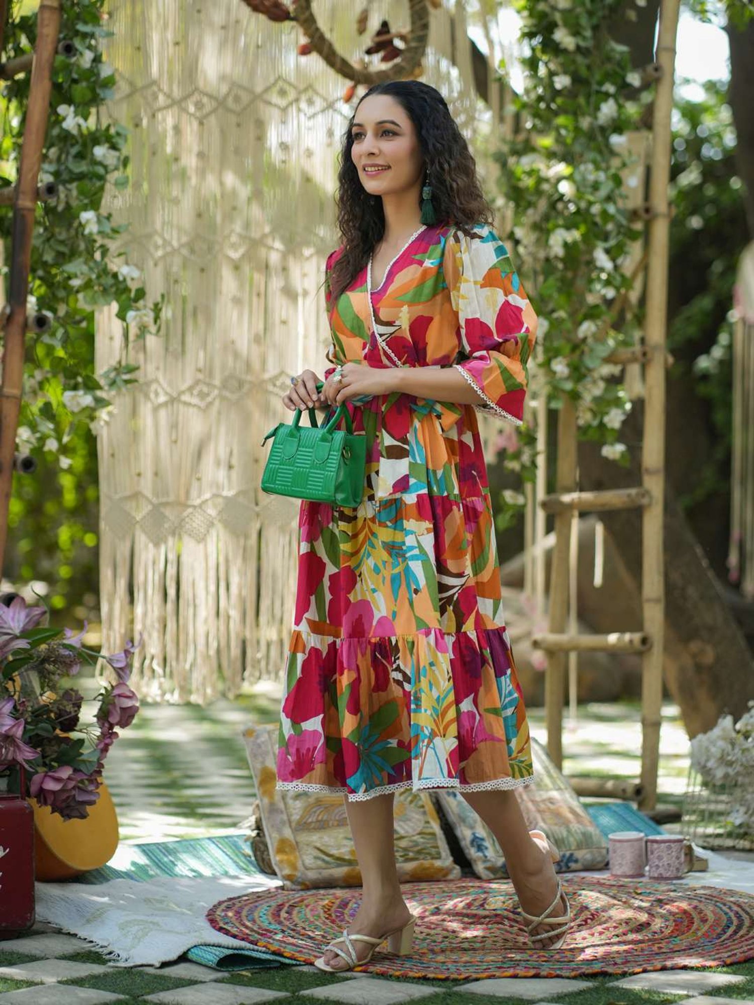 Rain and Rainbow Multicolored Cotton Floral Print A-Line Dress