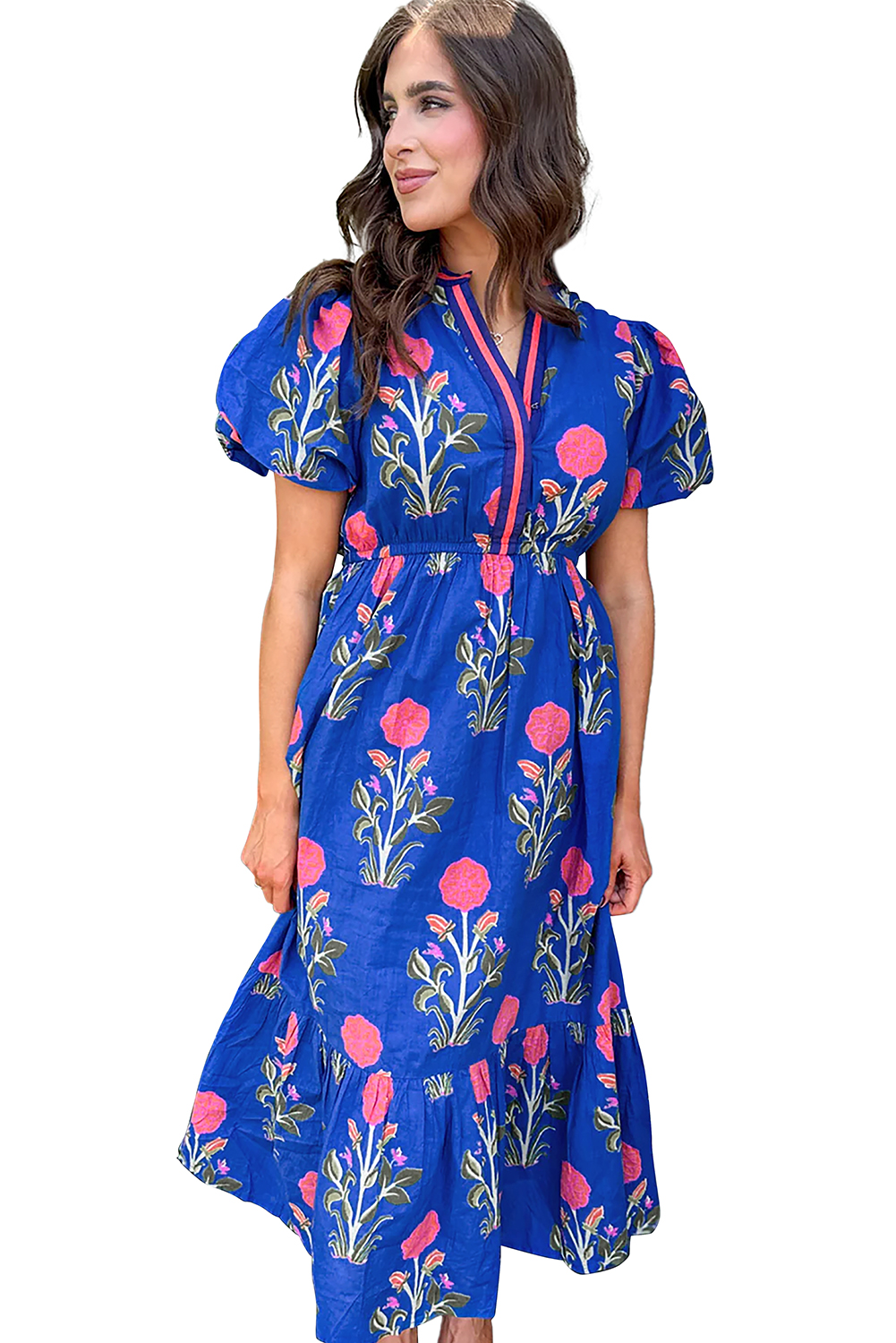 Multicolour Floral Print Split Neck Midi Dress