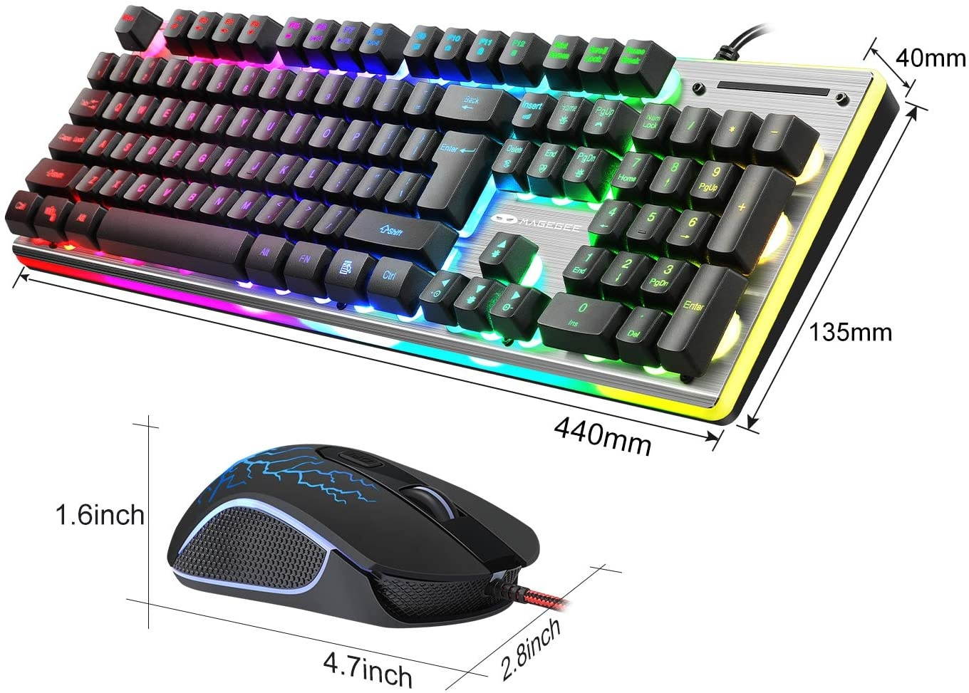 Gaming Keyboard and Mouse Combo, MageGee GT838 RGB Backlit Keyboard 104 Keys Aluminum Panel USB Quiet Wired Computer Keyboard for Windows PC Laptop - Black/Silver