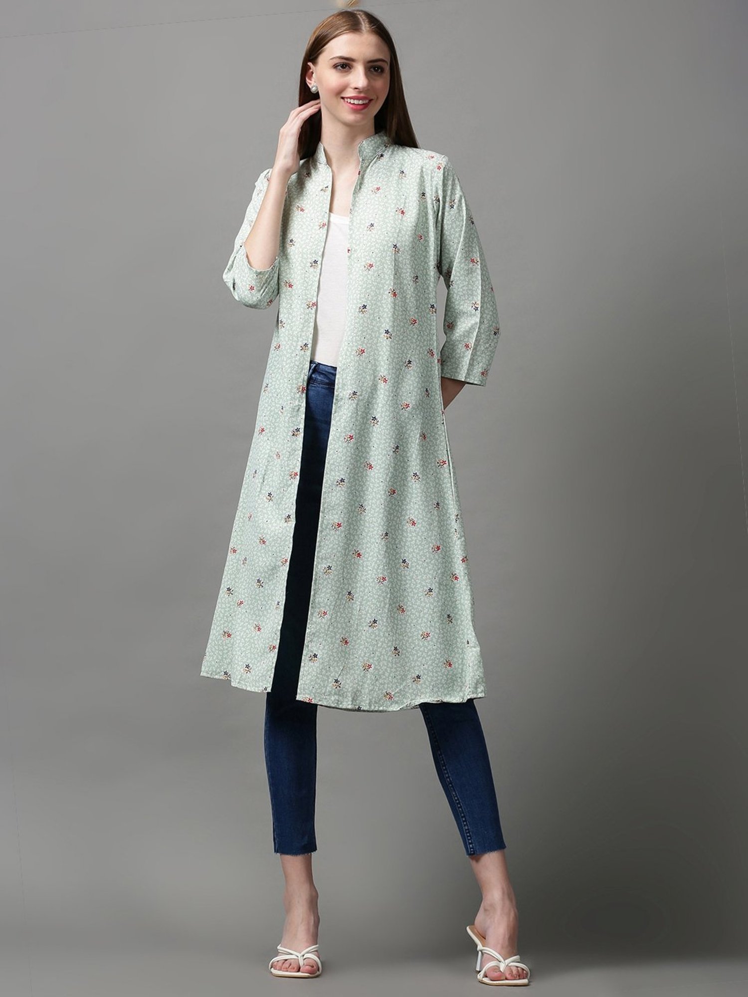 SHOWOFF Sea Green Printed Longline Shrug