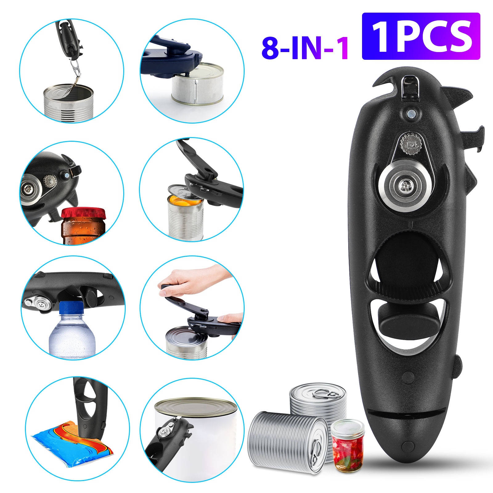 8 in 1 Manual Tin Can Opener Safe Cut Lid Smooth Edge Side Stainless Steel Tools
