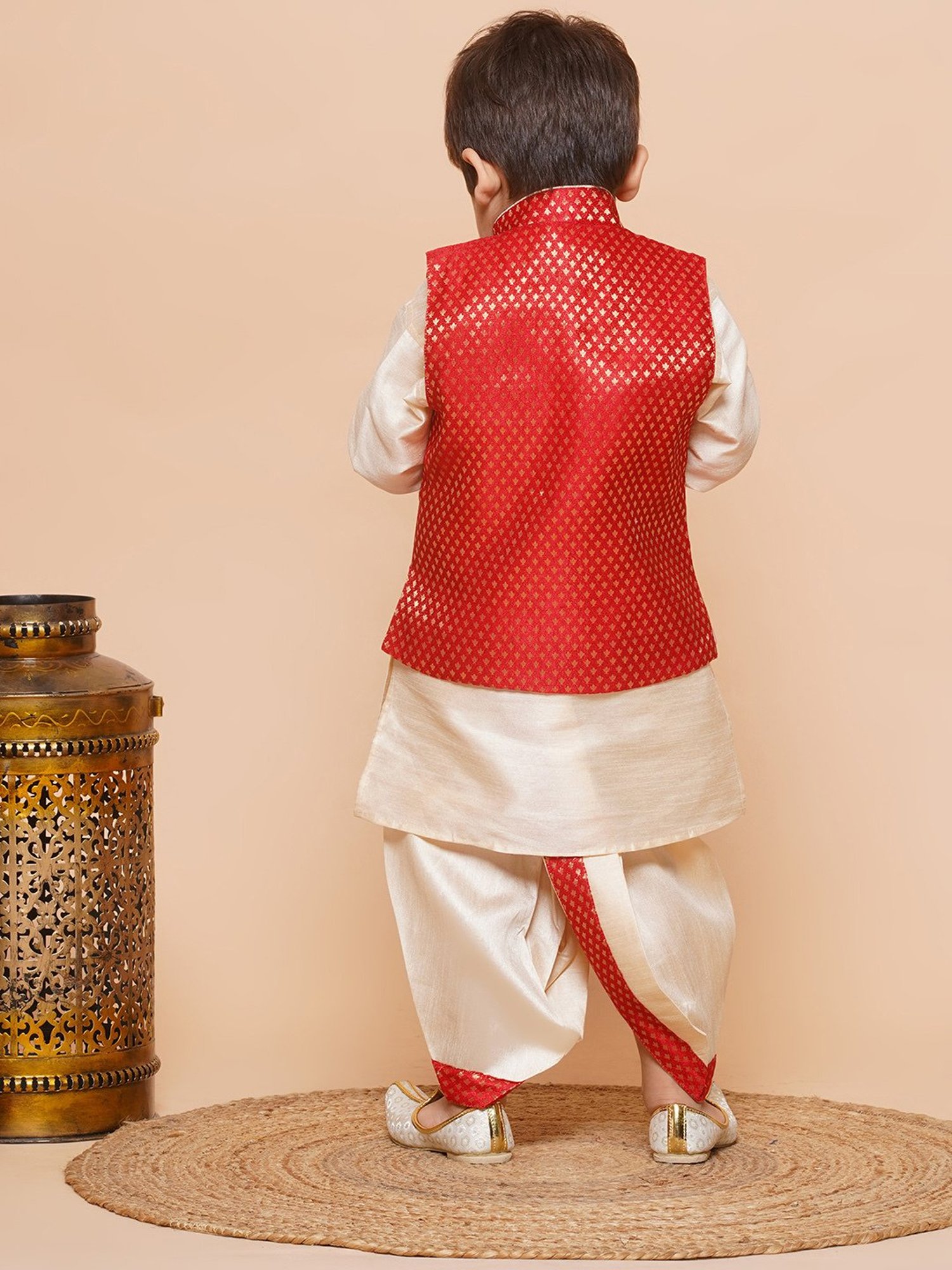 AJ Dezines Kids Beige & Red Self Design Full Sleeves Kurta, Dhoti with Waistcoat