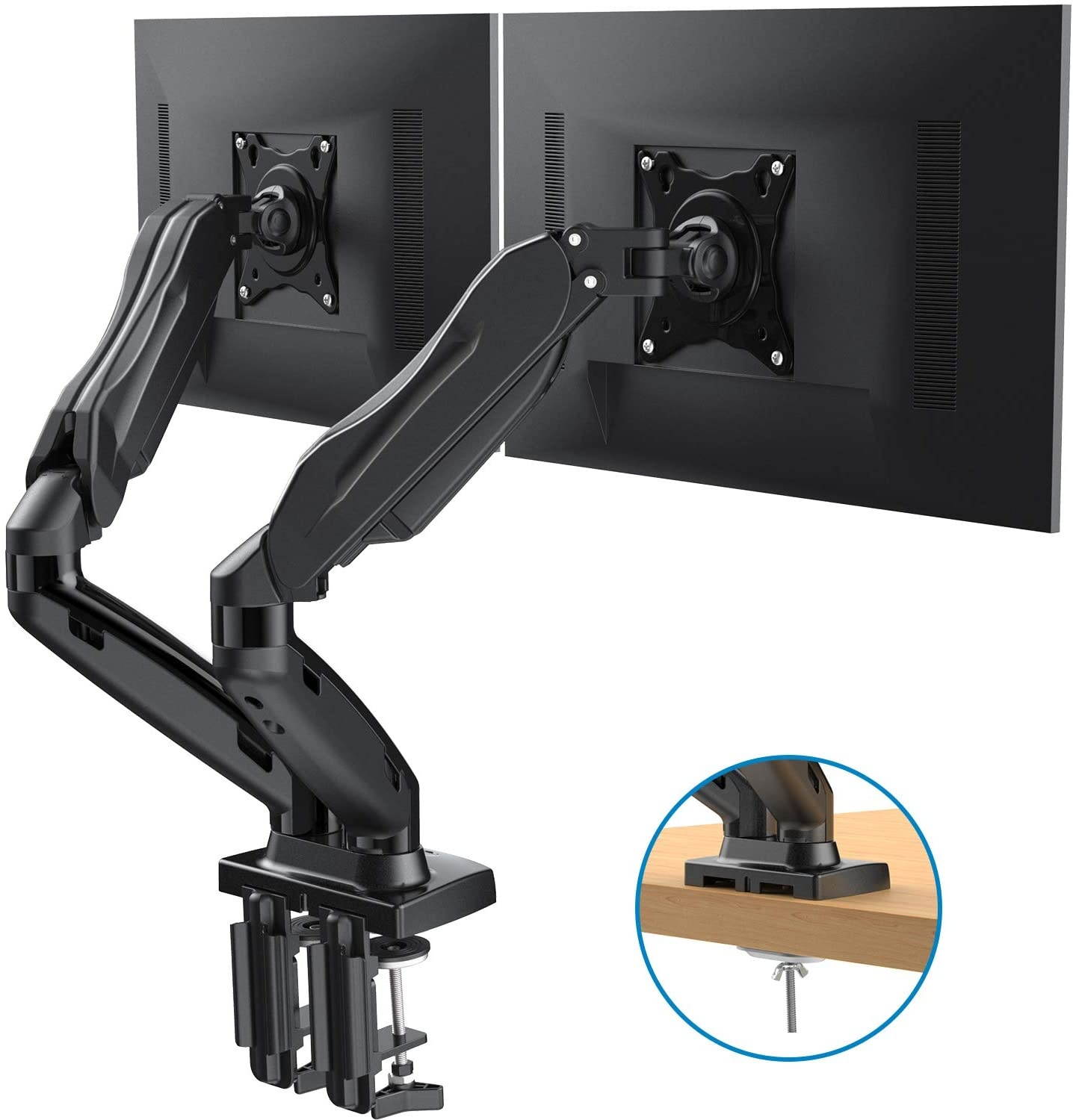 Dual Monitor Stand - Adjustable Gas Spring Monitor Desk Mount Swivel VESA Bracket with C Clamp, Grommet Mounting Base for 17 to 27 Inch Computer Screens - Each Arm Holds 4.4 to 14.3lbs