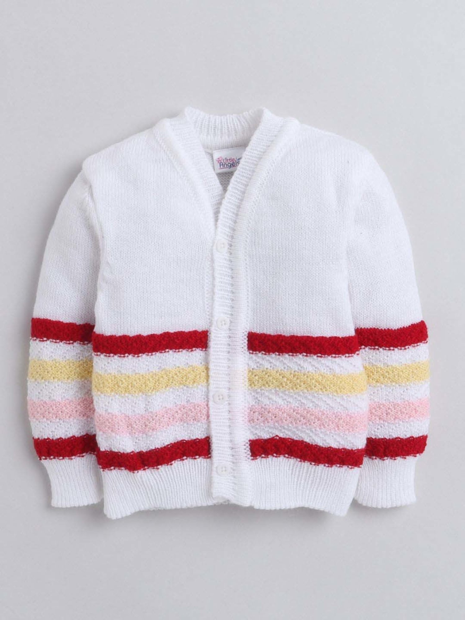 Little Angels Kids White & Red Striped Full Sleeves Sweater Set