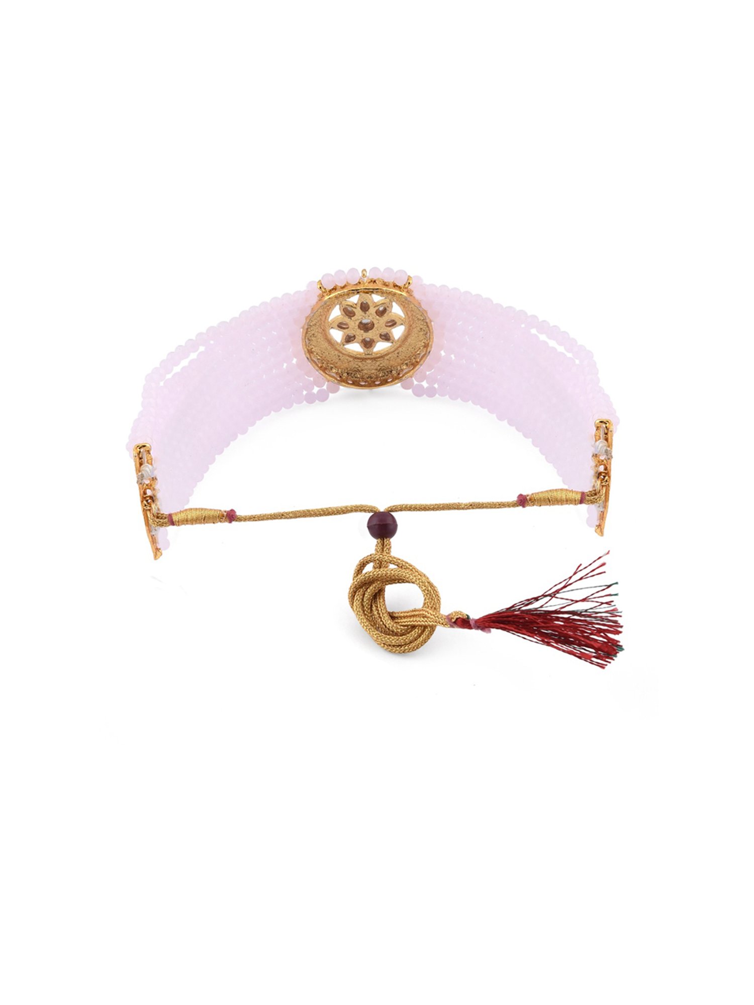 Zaveri Pearls Pink White Meenakari Crystal Multistrand Necklace Earring Maangtikka Set-ZPFK10274