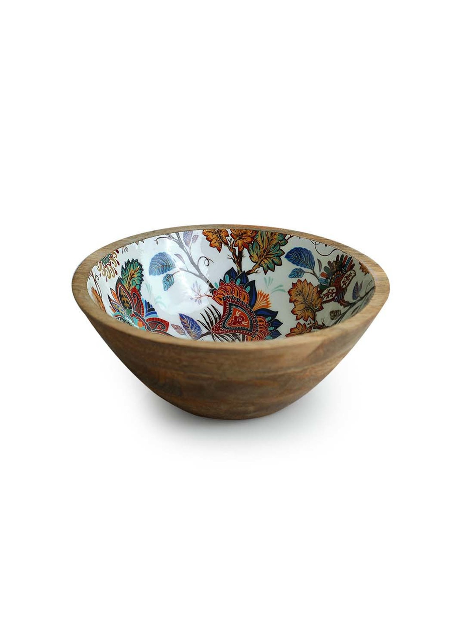 ExclusiveLane Multicolor Mango Wood Floral Chronicles' Handenamelled Serving Salad Bowl