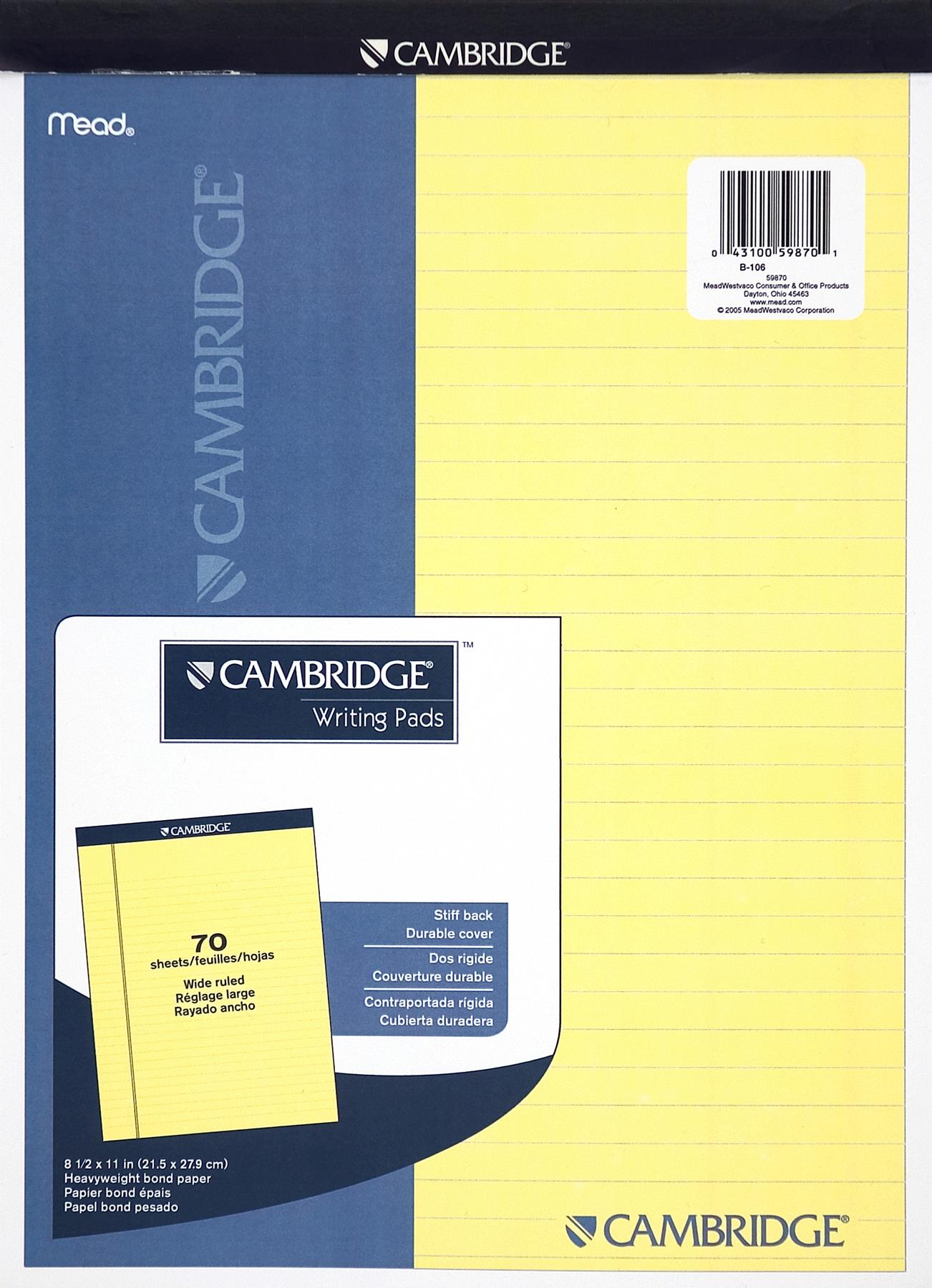 Mead 59870 Legal Pad 70 Sheets - 20 lb Basis Weight - Letter 8.50" x 11" - 1Each
