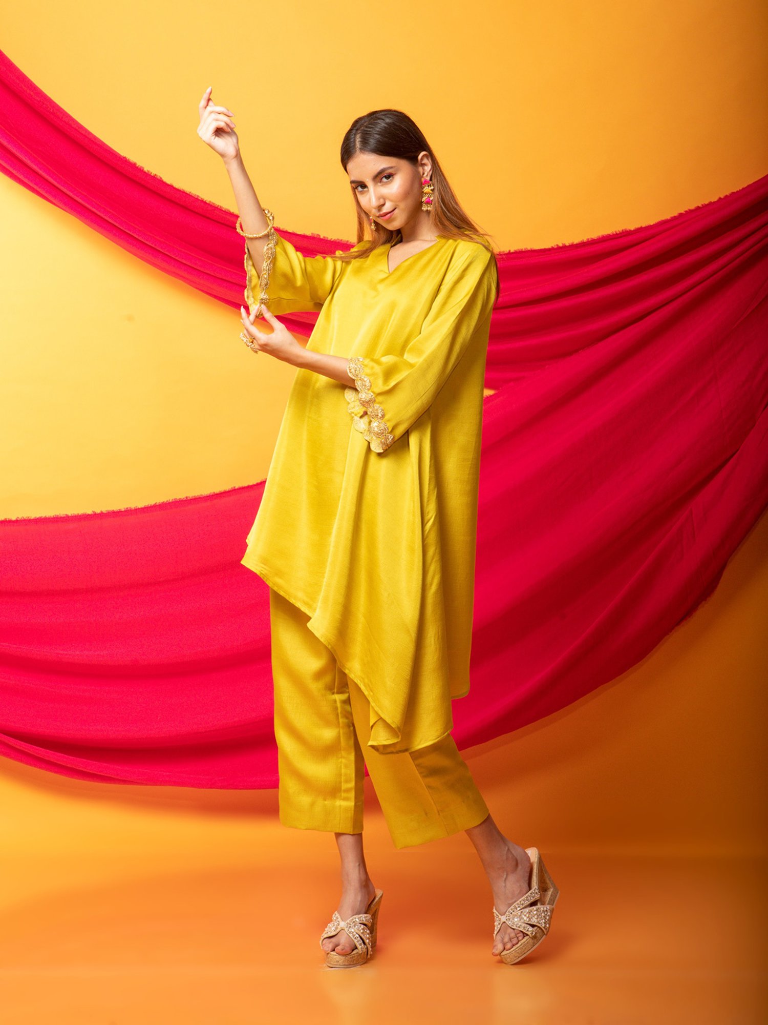 Monk & Mei Nusrat Assymetrical Kurta and Pant Co-ord Set-Canary Yellow