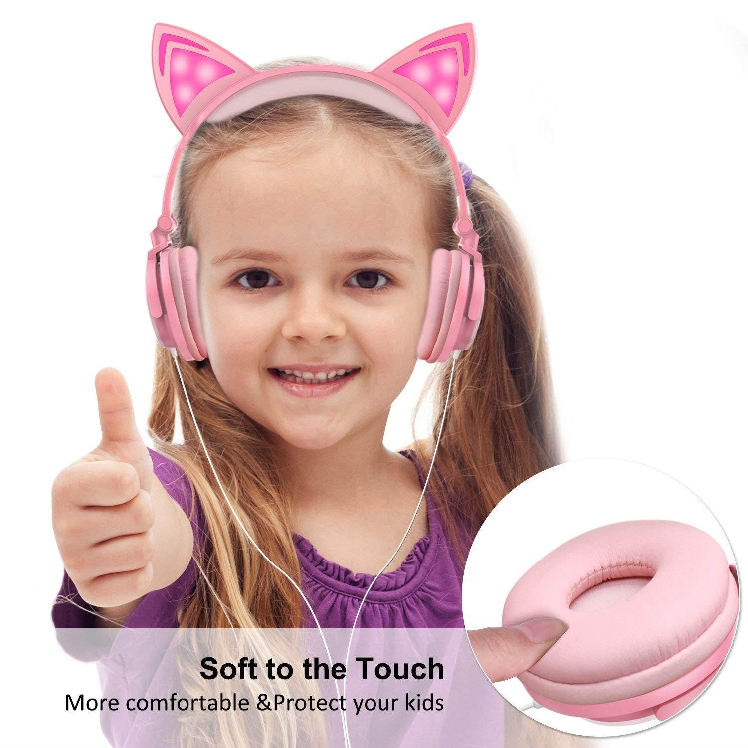 Kids Headphones, Ifecco Cat Ear Headphones Light Glowing Over Ear Headset Pink for Girls with 3.5mm Audio Cable