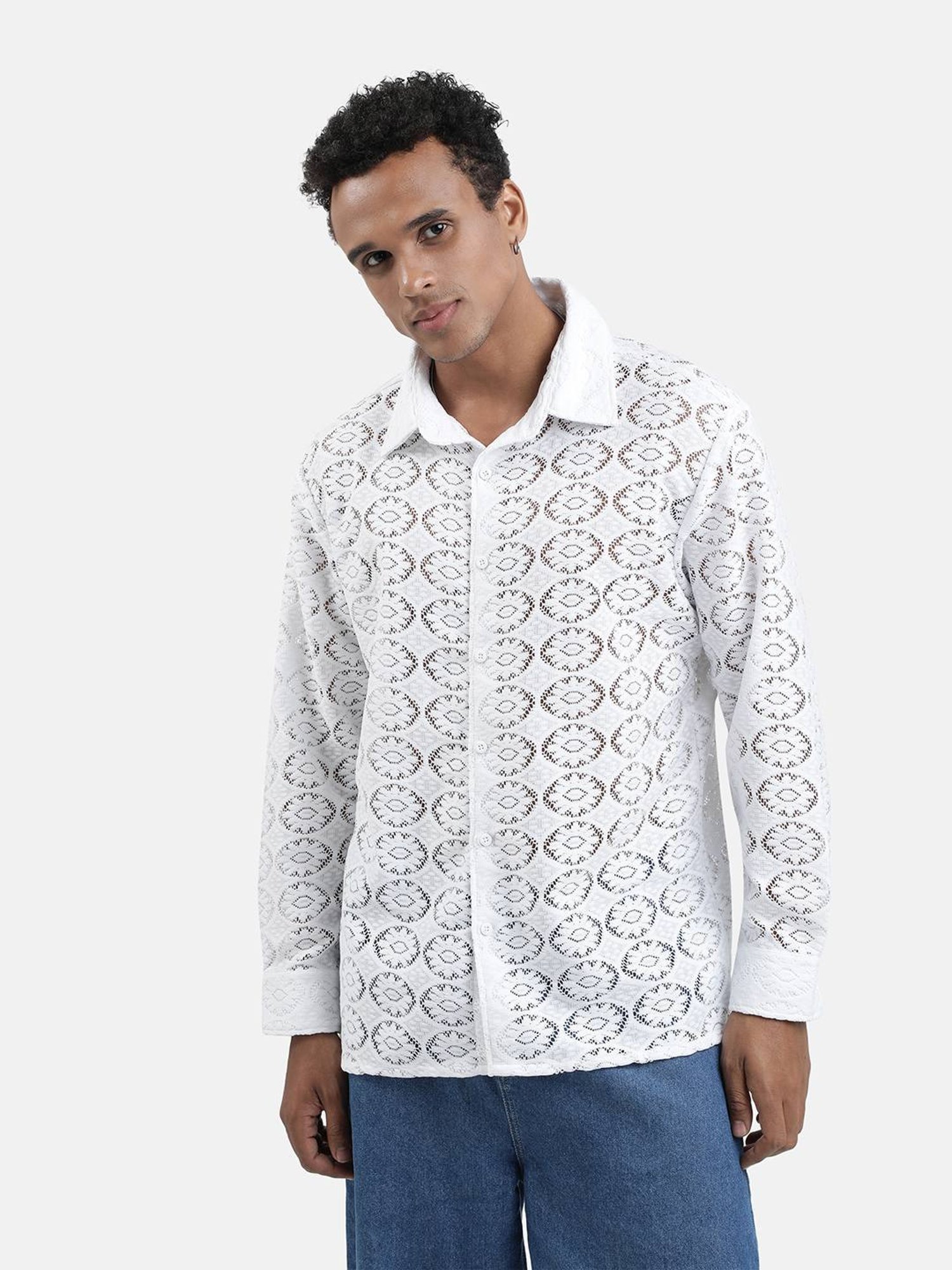 Bene Kleed White Regular Fit Self Pattern Shirt