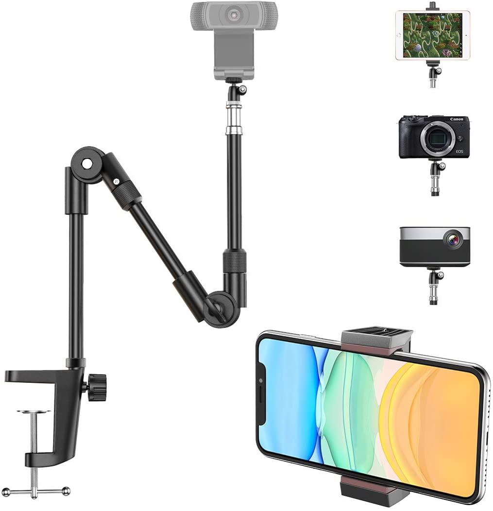 Webcam Stand Camera Mount with Phone Holder, KDD 25 Inch Foldable Flexible Gooseneck Clamp Table Mount for Cell Phone, Logitech C270 C922 C930e C920S C920 C615 C960 Brio, Gopro Hero 8 7 6 5 4