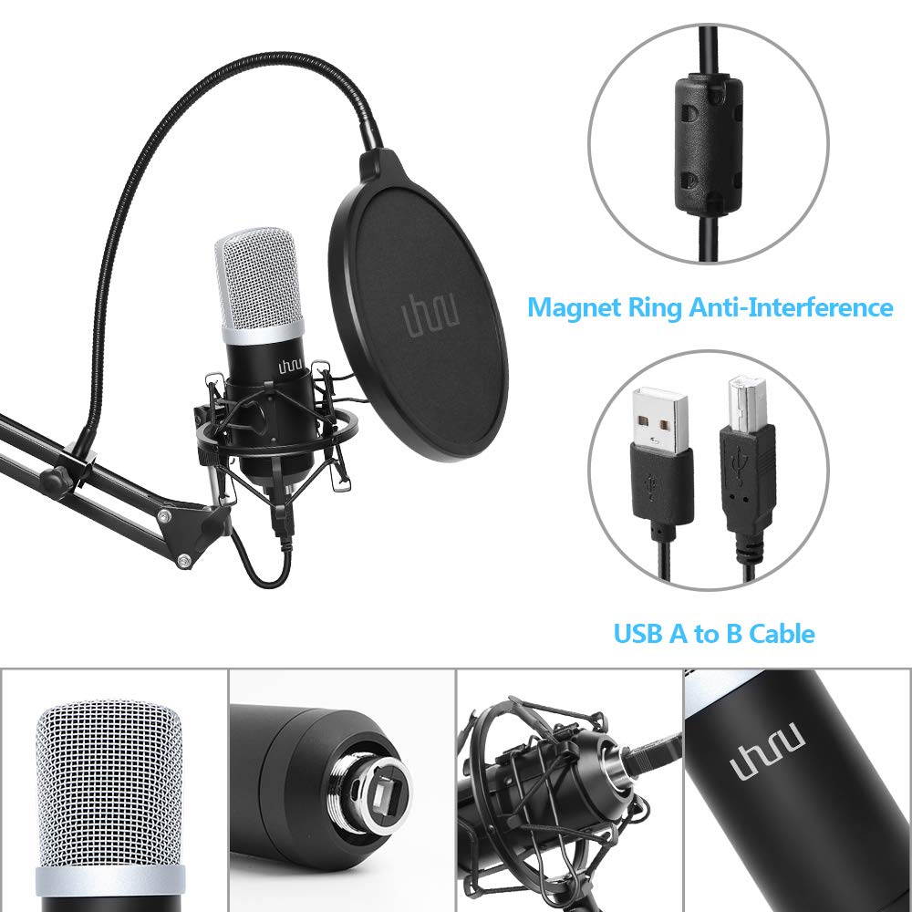 USB Podcast Condenser Microphone 192kHZ/24bit, UHURU Professional PC Streaming Cardioid Microphone Kit with Boom Arm, Shock Mount, Pop Filter and Windscreen, for Broadcasting, Recording, YouTube