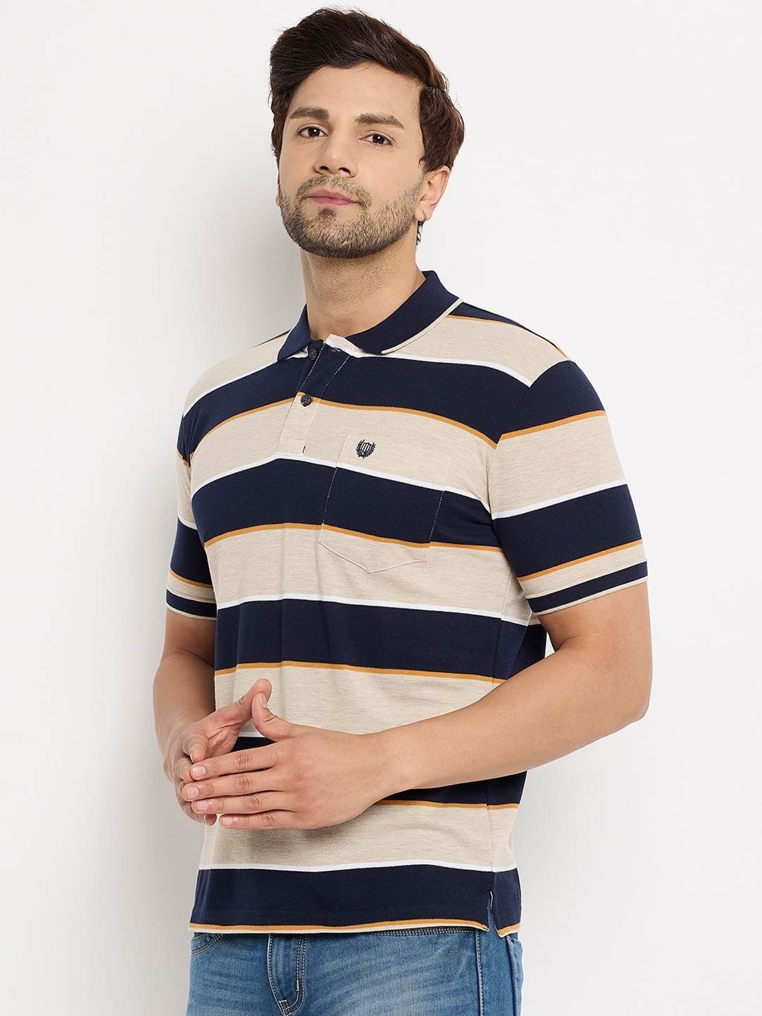Duke Beige Regular Fit Striped Polo T-Shirt
