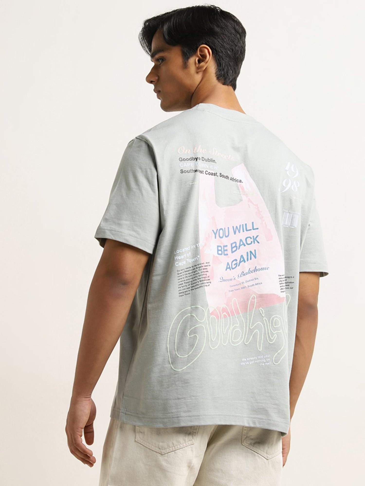 Nuon by Westside Grey Text Design Relaxed-Fit Cotton T-Shirt