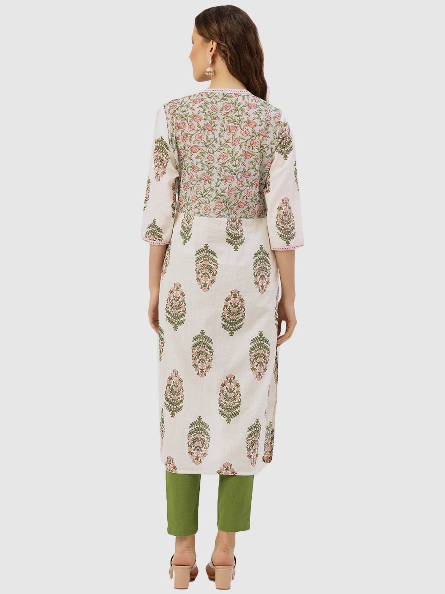 Jaipur Kurti Off-White & Green Cotton Printed Kurta Pant Set