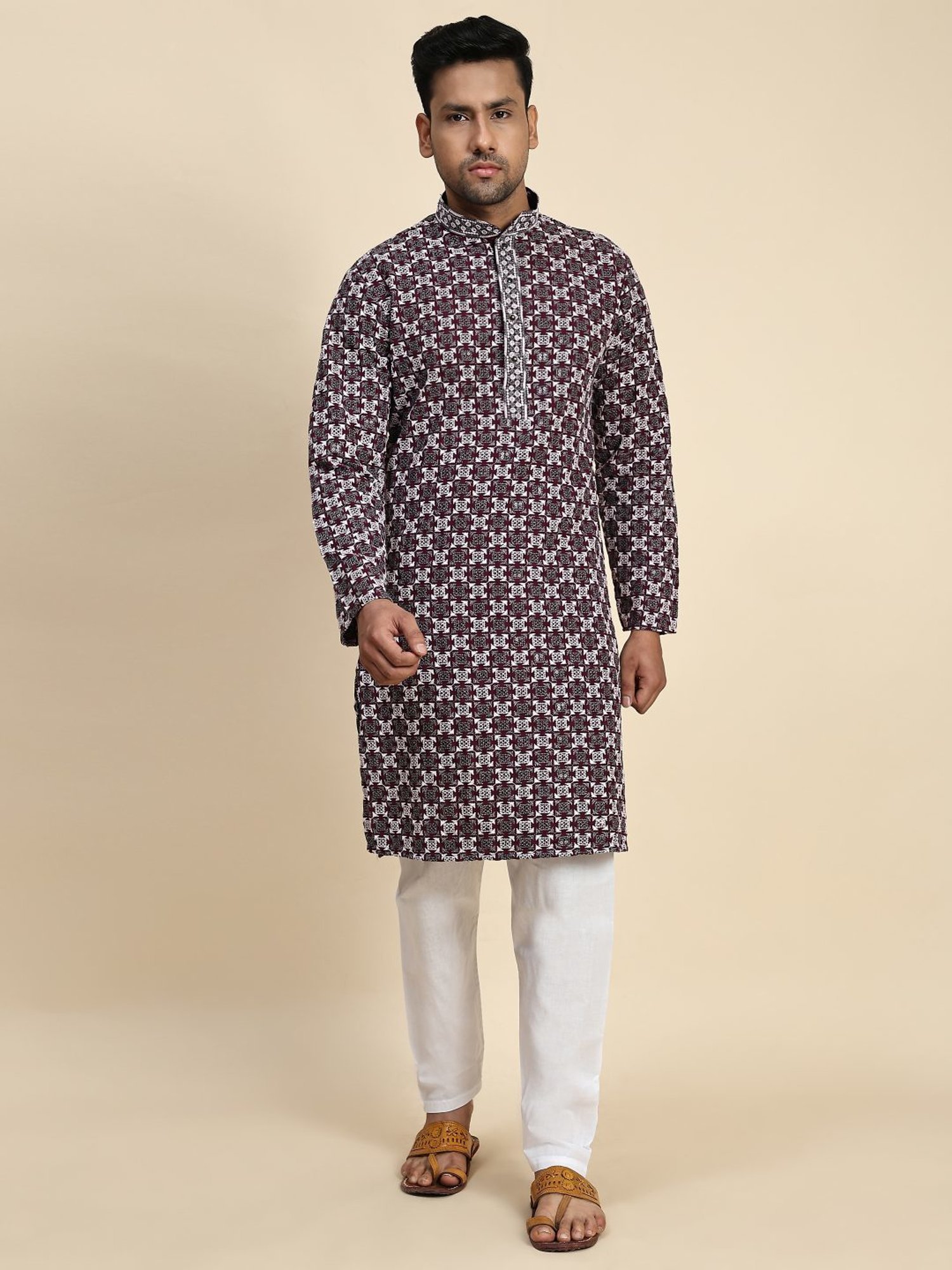 Pro-Ethic Style Developer Wine & White Cotton Regular Fit Embellished Kurta Bottom Set