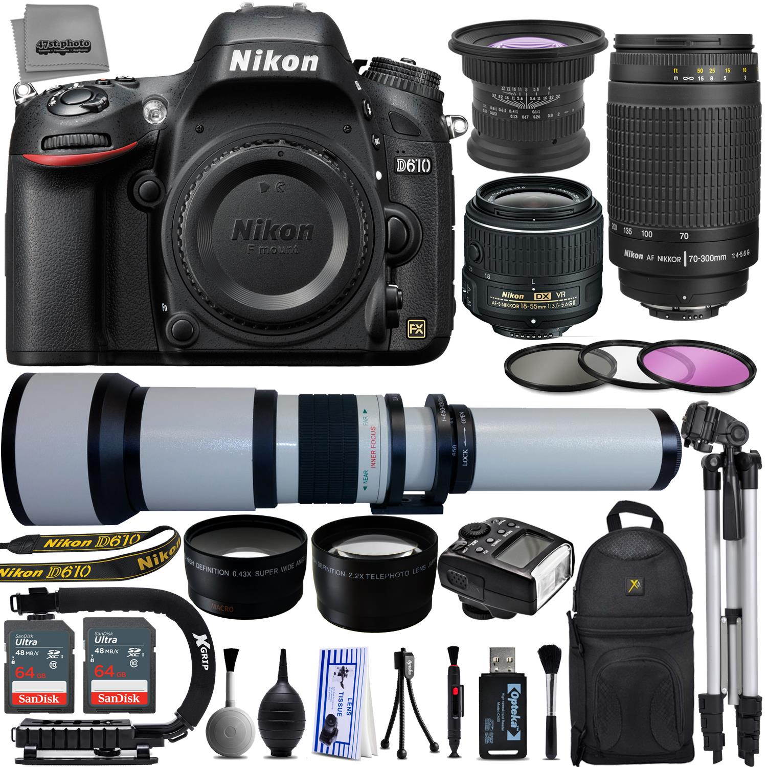 Nikon D610 24.3MP 1080P DSLR Camera w/ Wi-Fi & GPS Ready + 5 Lens - 18 to 2600mm - 128GB - 30PC Kit - Nikon 18-55VR - Nikon 70-300G - Opteka 650-2600mm - Opteka 2.2x Tele - 0.43x Wide/Macro