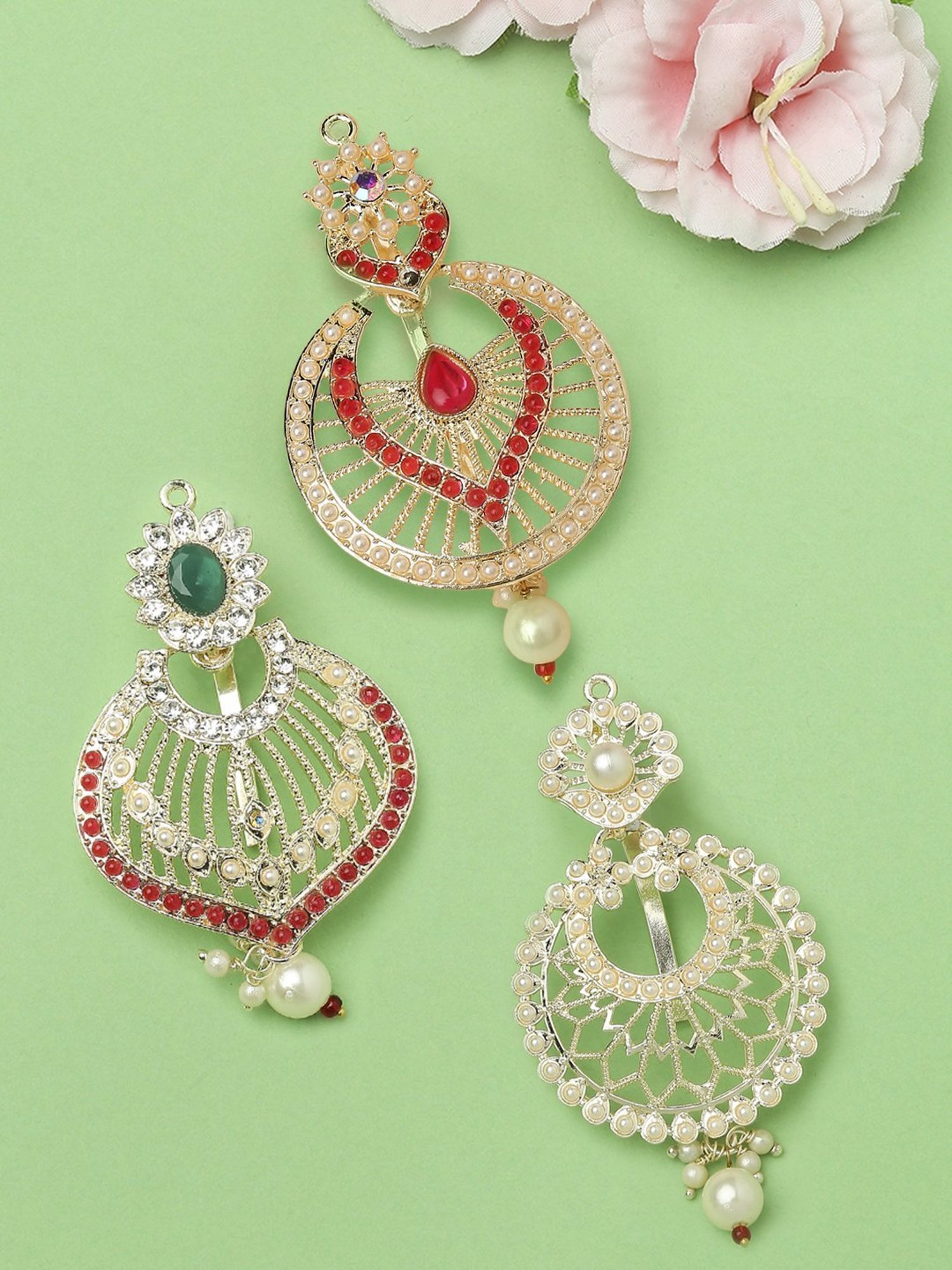 OOMPH Combo of 3 Red Maroon Stones Hair Bun Pin Juda Pin Ethnic Chandbali Style