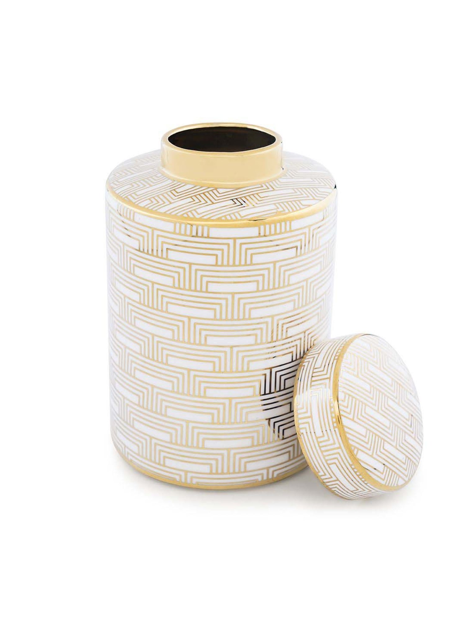 Pure Home and Living Ivory And Gold Ceramic Geometric Pattern Small Canister (1.5 L)