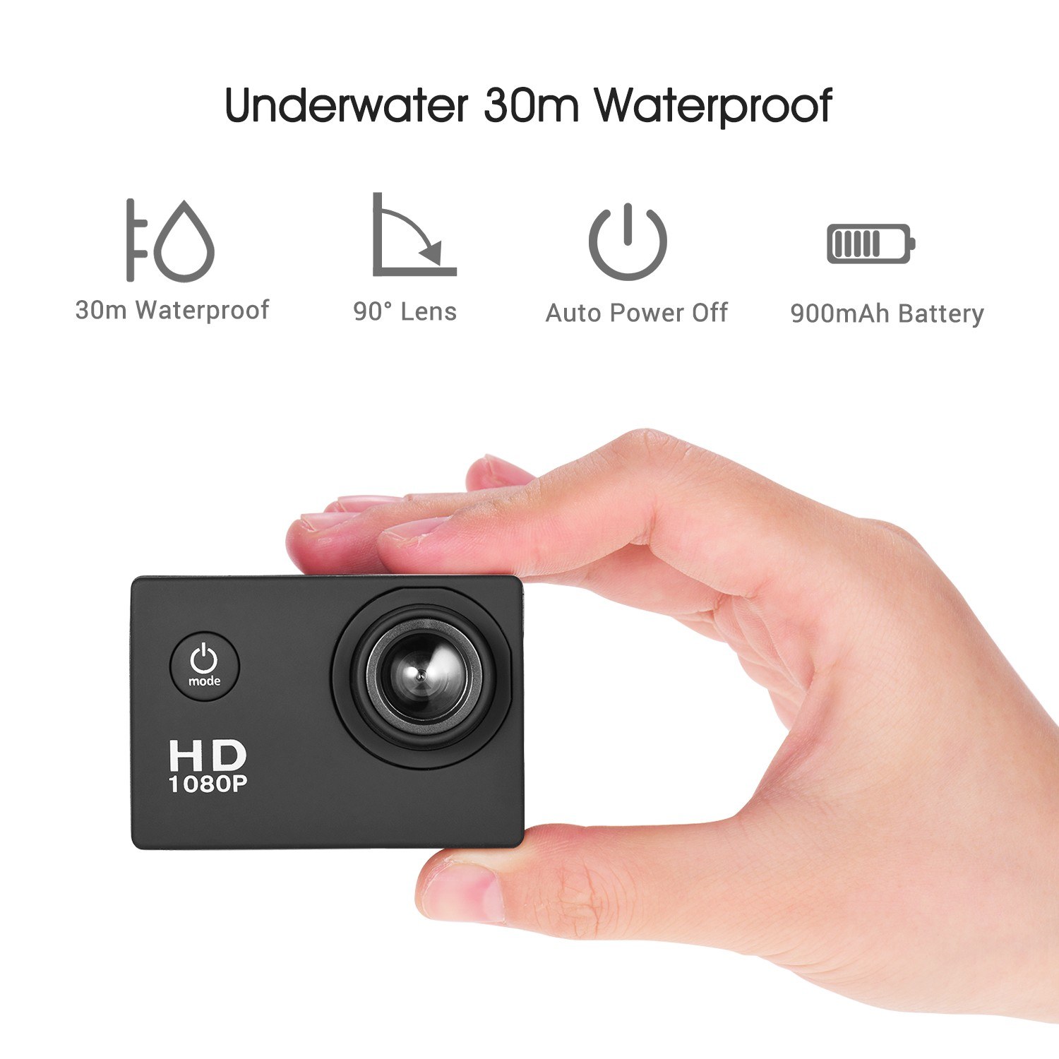 Action Camera 2inch LCD Screen 1280x960P HD 30m Waterproof 90&deg; Wide Angle Support 32GB External Memory Card with Built-in 900mAh Battery Waterproof Case Mounting Accessories