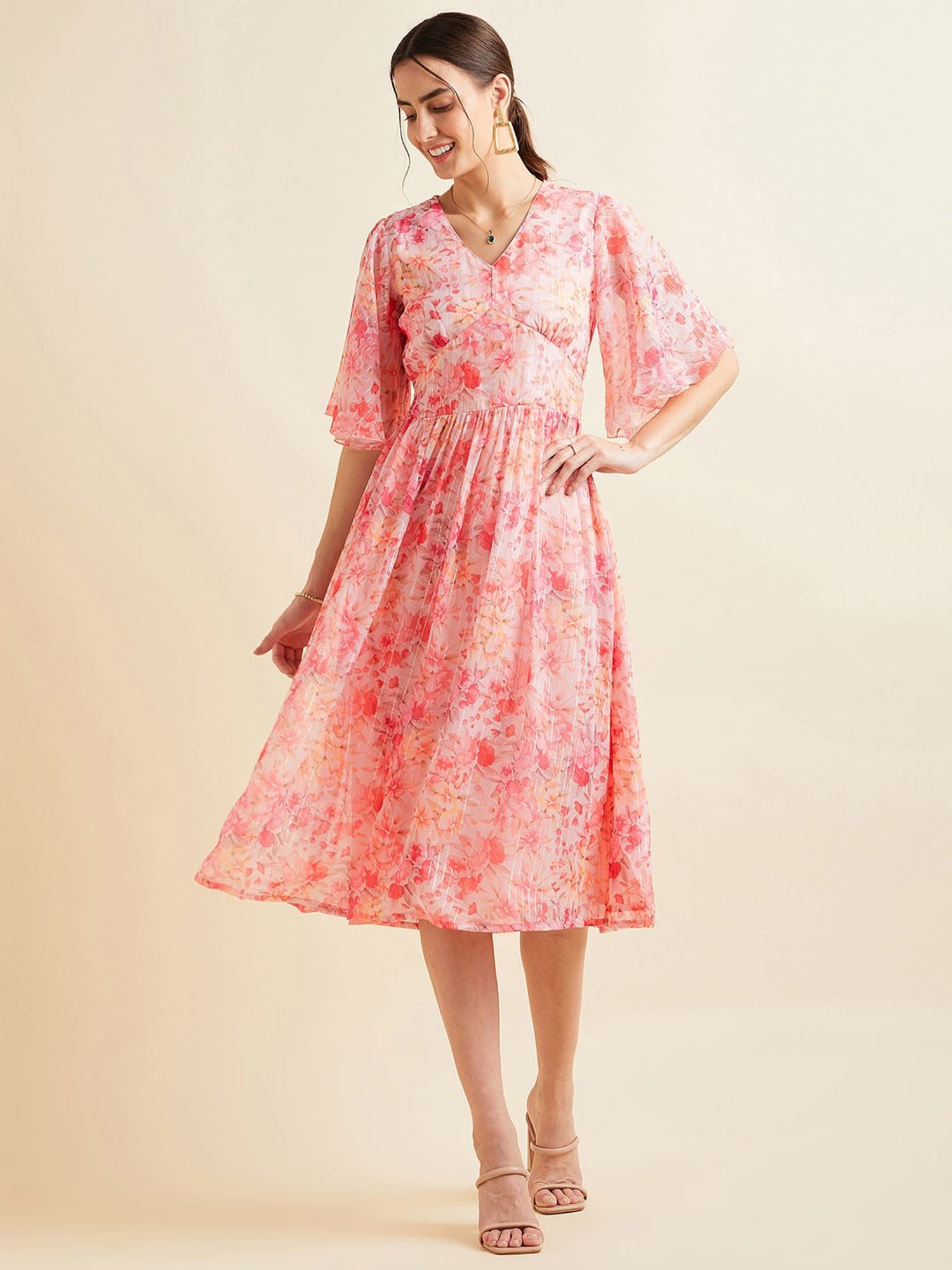 PANIT Pink Floral Print Ethnic Dress