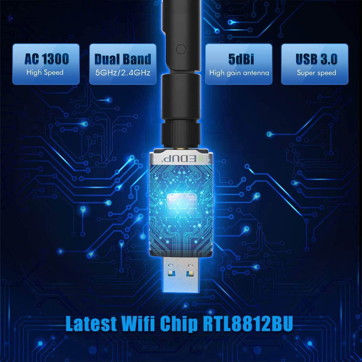 EDUP WiFi Adapter for Gaming 1300Mbps, USB 3.0 Wireless Adapter Dual Band 5GHz 802.11 AC WiFi Dongle 5dBi Antenna Support Desktop Laptop Windows XP/Vista/7/8/10 Mac, USB Flash Driver Included