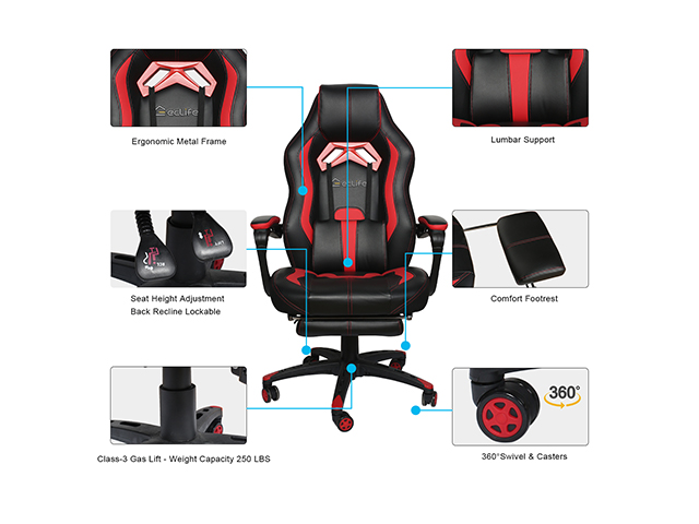 Gaming Chair Office Chair PC Chair with Massage Lumbar Support, Vantage Style PU Leather High Back Adjustable Swivel Task Chair with Footrest,Blue,GC26
